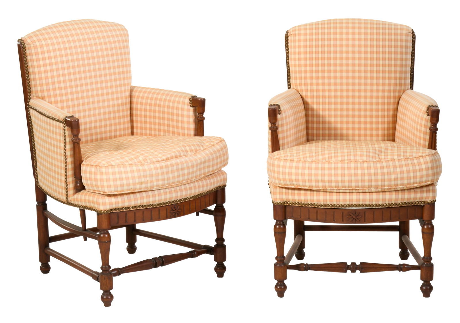 Pair of French Provincial Style Cherry Bergers, late 20th c., H.- 35 in., W.- 23 in., D.- 22 in. (2: Pair of French Provincial Style Cherry Bergers, late 20th c., the arched upholstered backs, above padded arms, baluster supports, fluted seat rail, vasiform stretchered legs, toupie feet, H.- 35 in.,