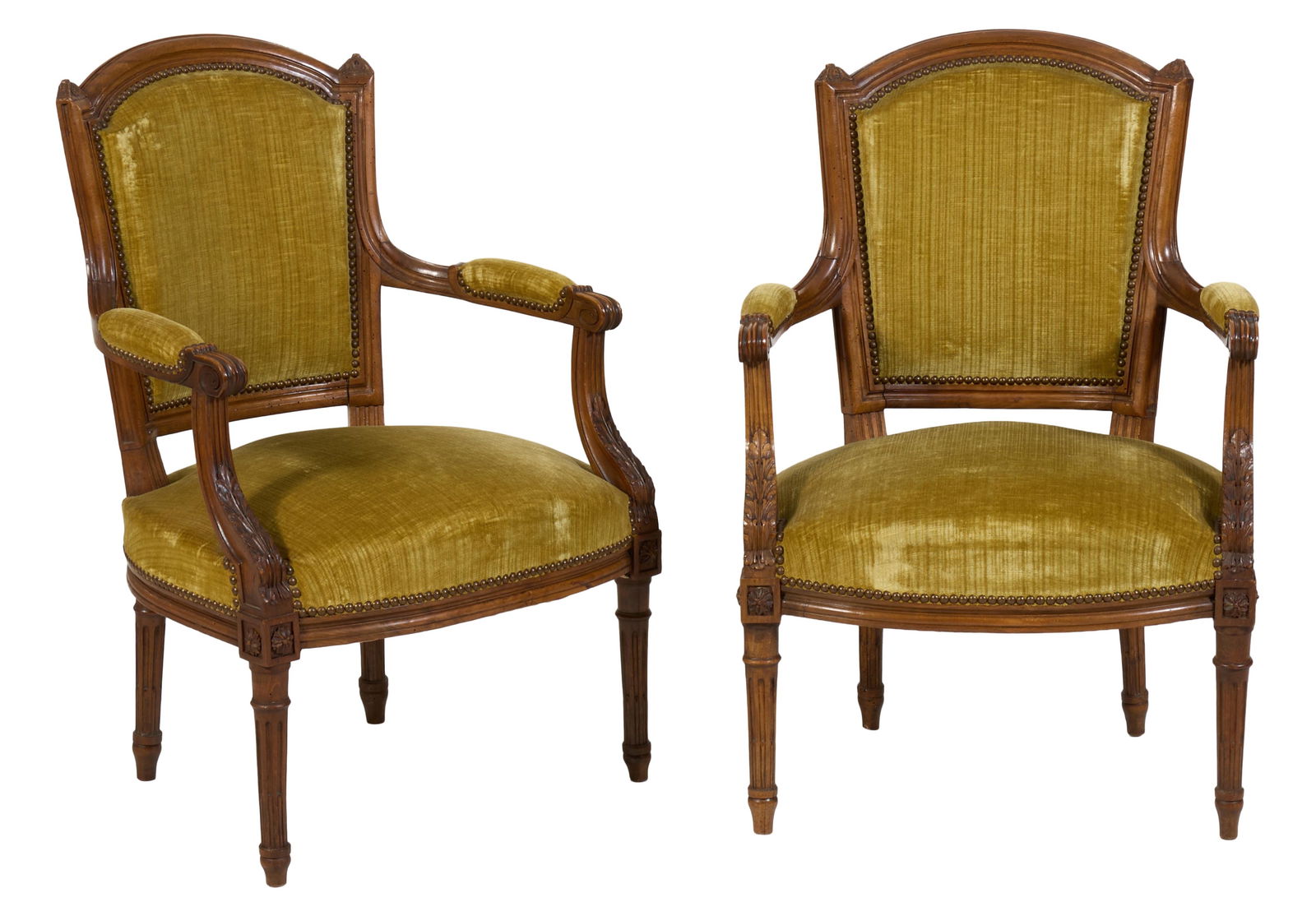Pair of French Louis XVI Style Beech Fauteuils, late 19th c., Each- H.- 36 in., W.- 24 1/2 in., D.- (1 of 2)