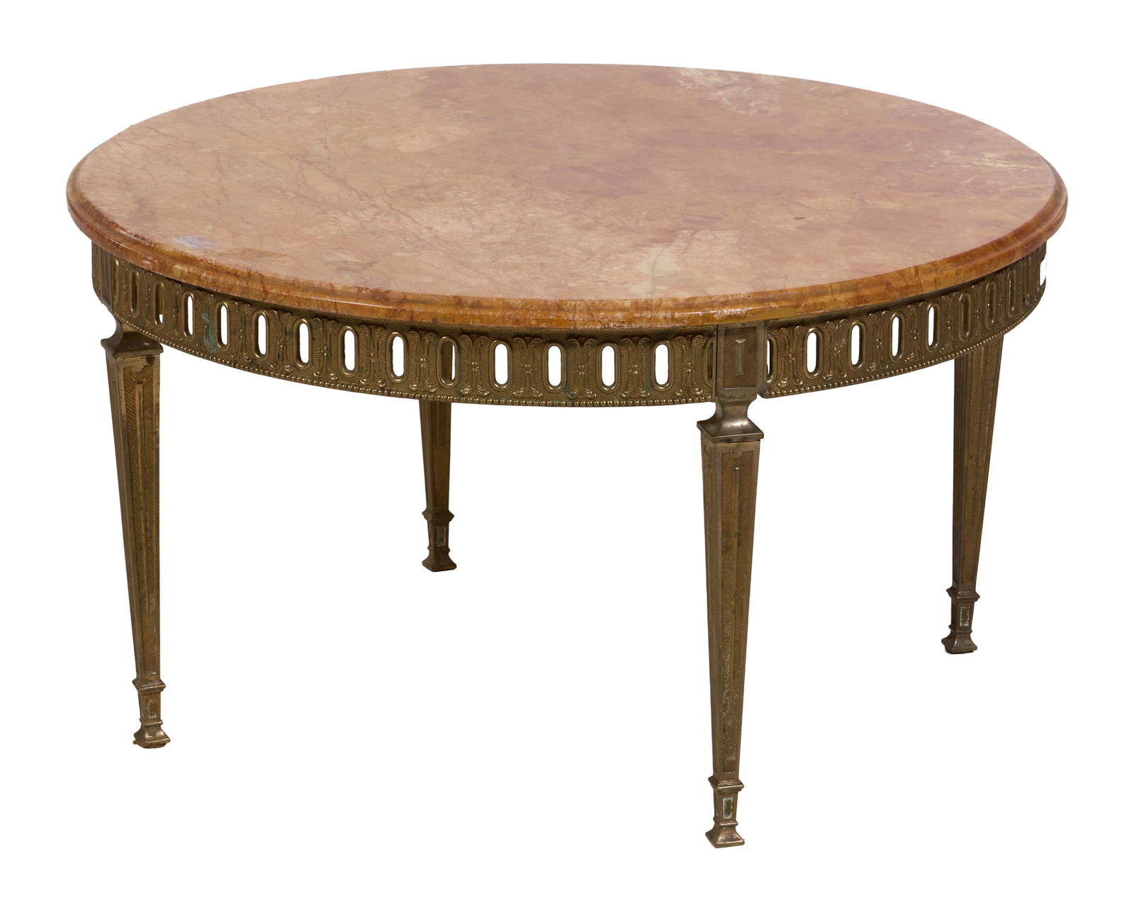 Hollywood Regency Style Marble and Brass Low Table, early 20th c., H.- 18 in., Dia.- 32 in.: Hollywood Regency Style Marble and Brass Low Table, early 20th c., the round marble top with molded edge, classical pierced apron, lozenge over waisted tapered legs, flared feet, H.- 18 in., Dia.- 32