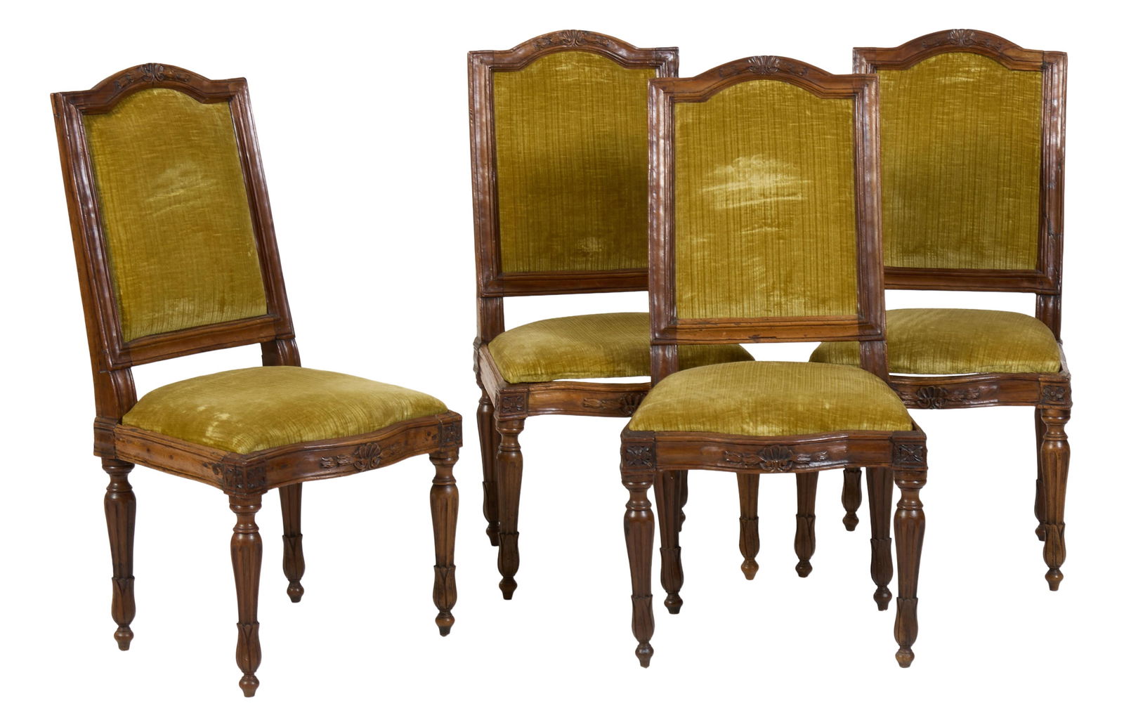 Four French Empire Walnut Side Chairs, early 19th c., Each- H.- 39 1/4 in., W.- 20 in., D.- 18 in. (1 of 4)