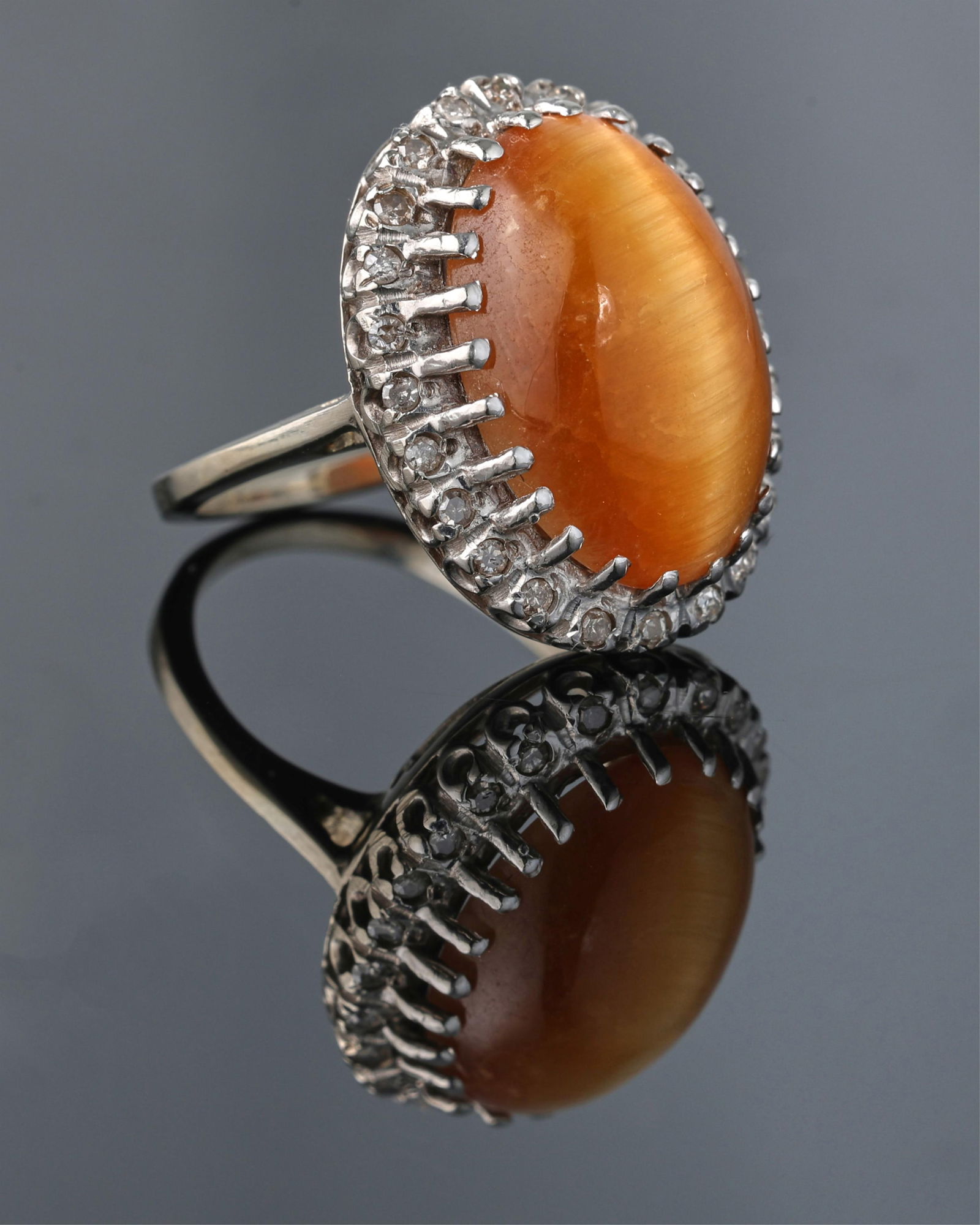 14K White Gold Tiger's Eye and Diamond Ring, App. Total Diamond Wt.- 0.24 carats; Size- 6, with (1 of 3)