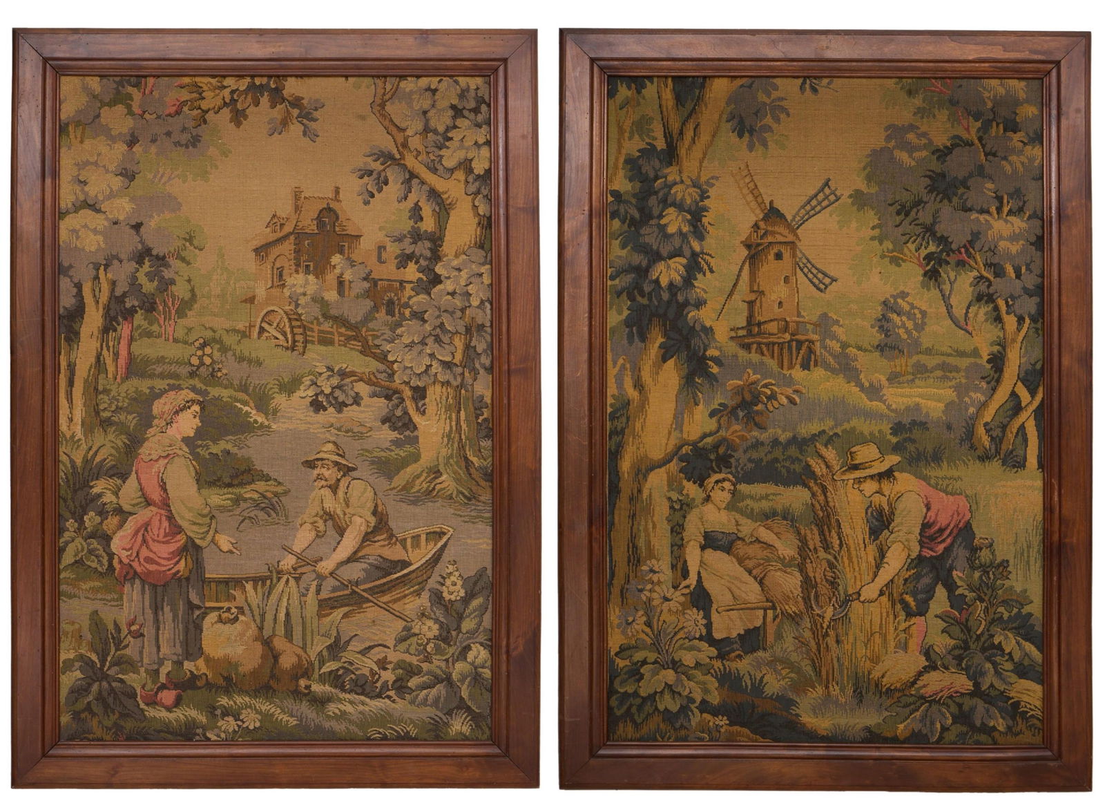 Pair of French Tapestries, 20th c., Each- H.- 49 in., W.- 32 1/4 in., Framed- H.- 56 1/2 in., W.- 39: Pair of French Tapestries, 20th c., both depicting rural life in Holland, each with "Made in France" stitched en verso, each presented in matching wood frames, Each- H.- 49 in., W.- 32 1/4 in., Framed