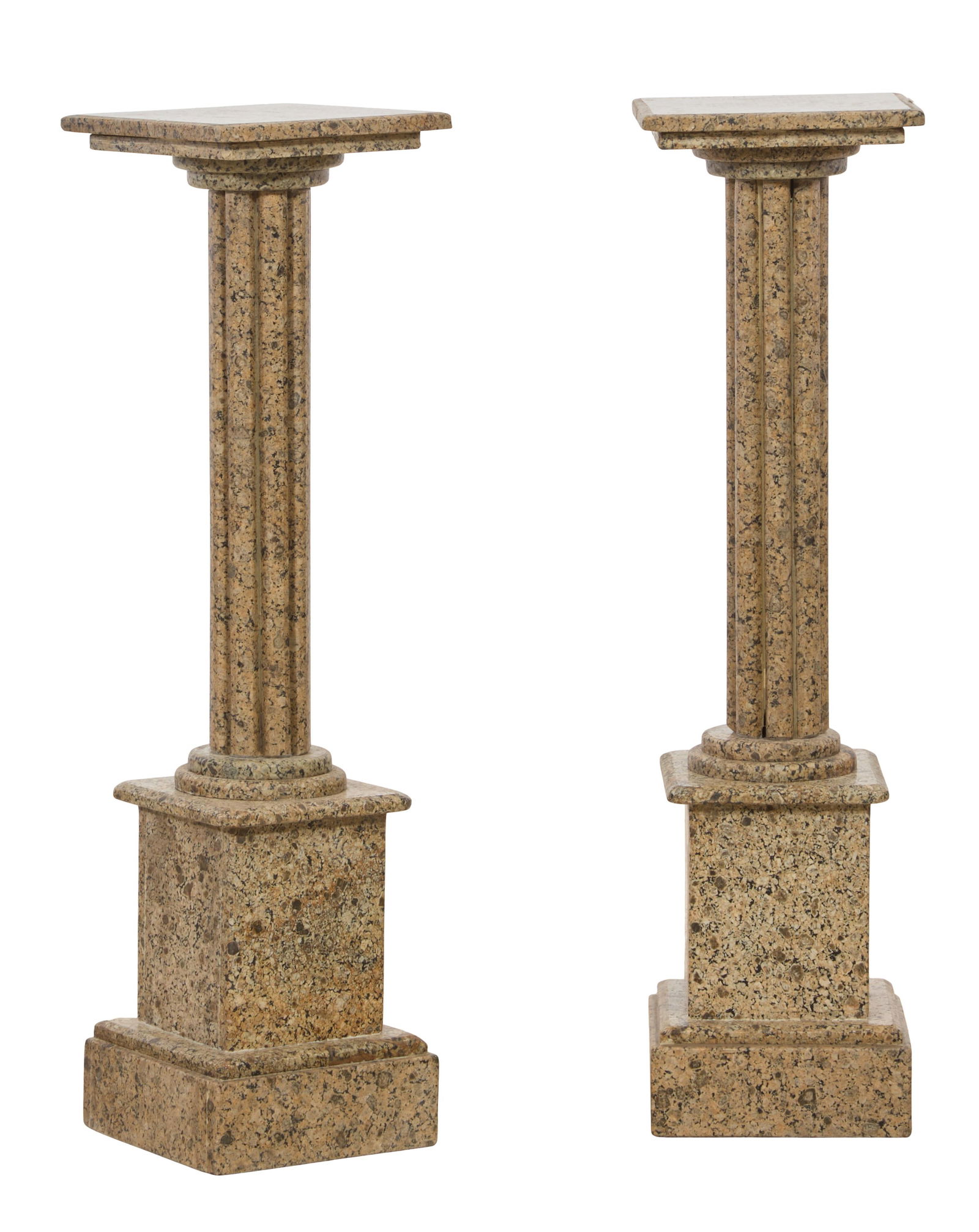 Pair of Figured Gray Marble Pedestals, 20th/21st c., H.- 39 1/4 in., W.- 10 in., D.- 10 in. (2 Pcs.): Pair of Figured Gray Marble Pedestals, 20th/21st c., the square tops on reeded columnar supports, to stepped square bases, H.- 39 1/4 in., W.- 10 in., D.- 10 in. (2 Pcs.)