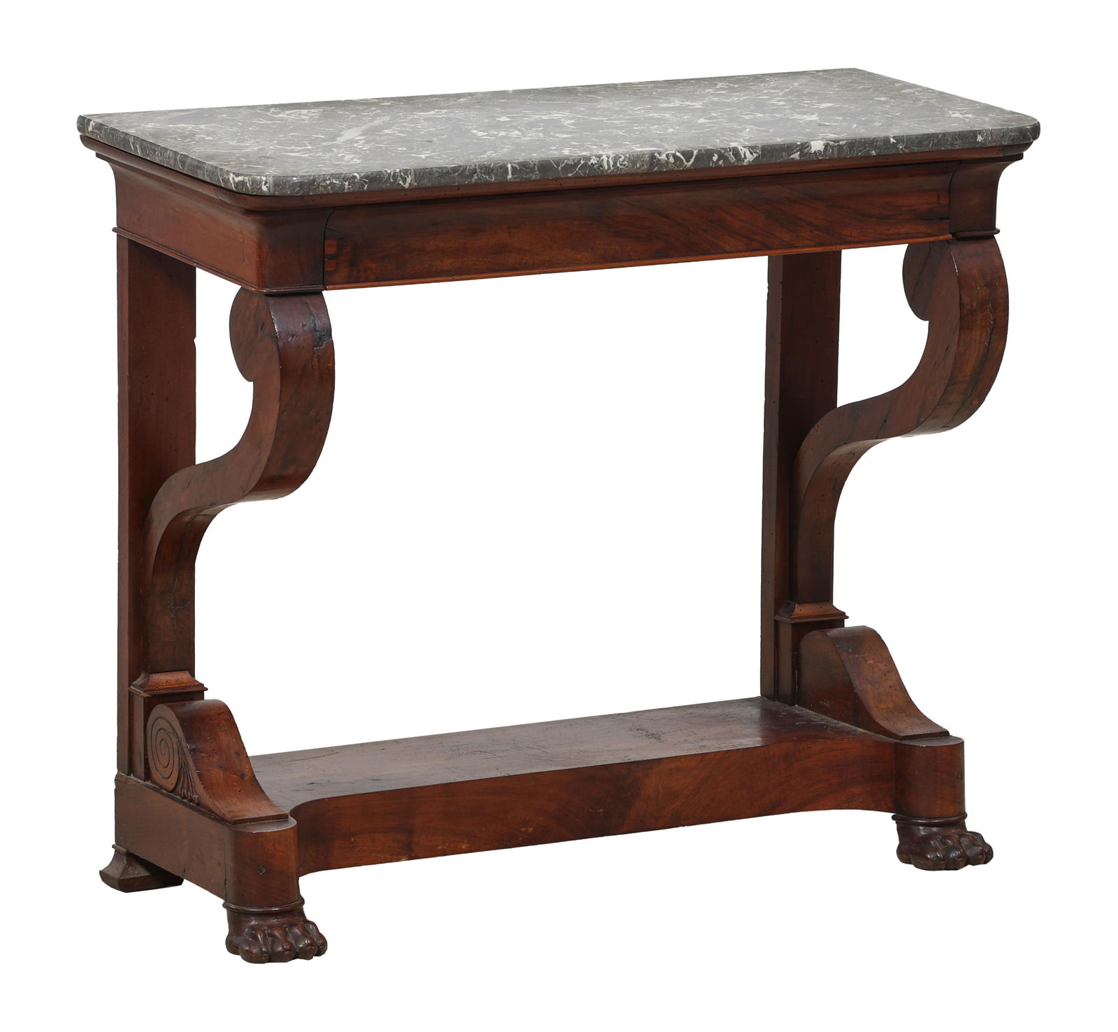 French Empire Marble Top Walnut Console, mid 19th c., H.- 28 3/4 in., W.- 38 1/2 in., D.- 16 3/4 in. (1 of 3)
