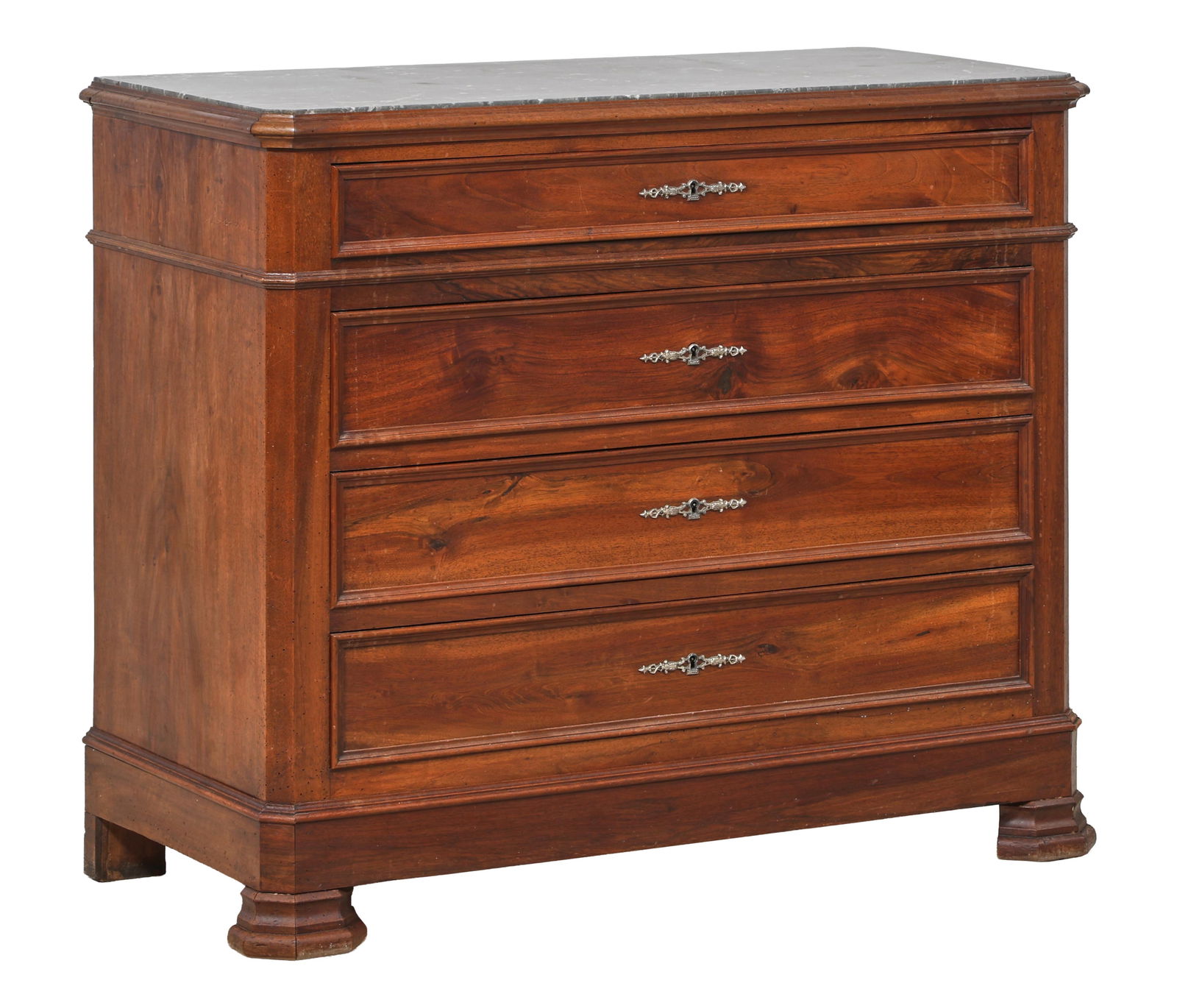 French Louis Philippe Marble Top Walnut Commode, mid 19th c., H.- 38 in., W.- 45 in., D.- 20 1/4 in. (1 of 2)