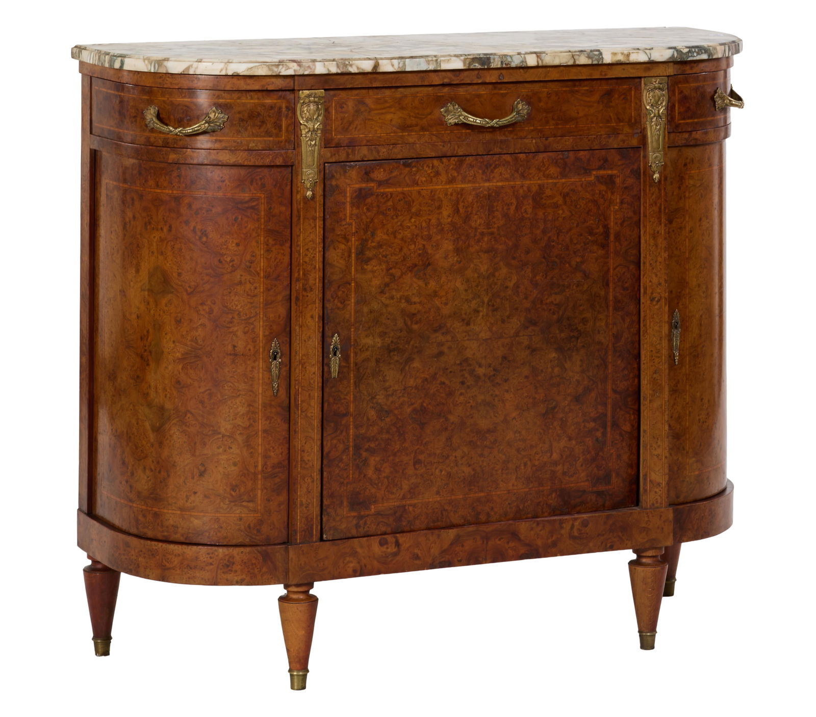 French Louis XVI Style Ormolu Marble Top Burled Walnut Server, late 19th c., H.- 41 in., W.- 47 in. (1 of 2)