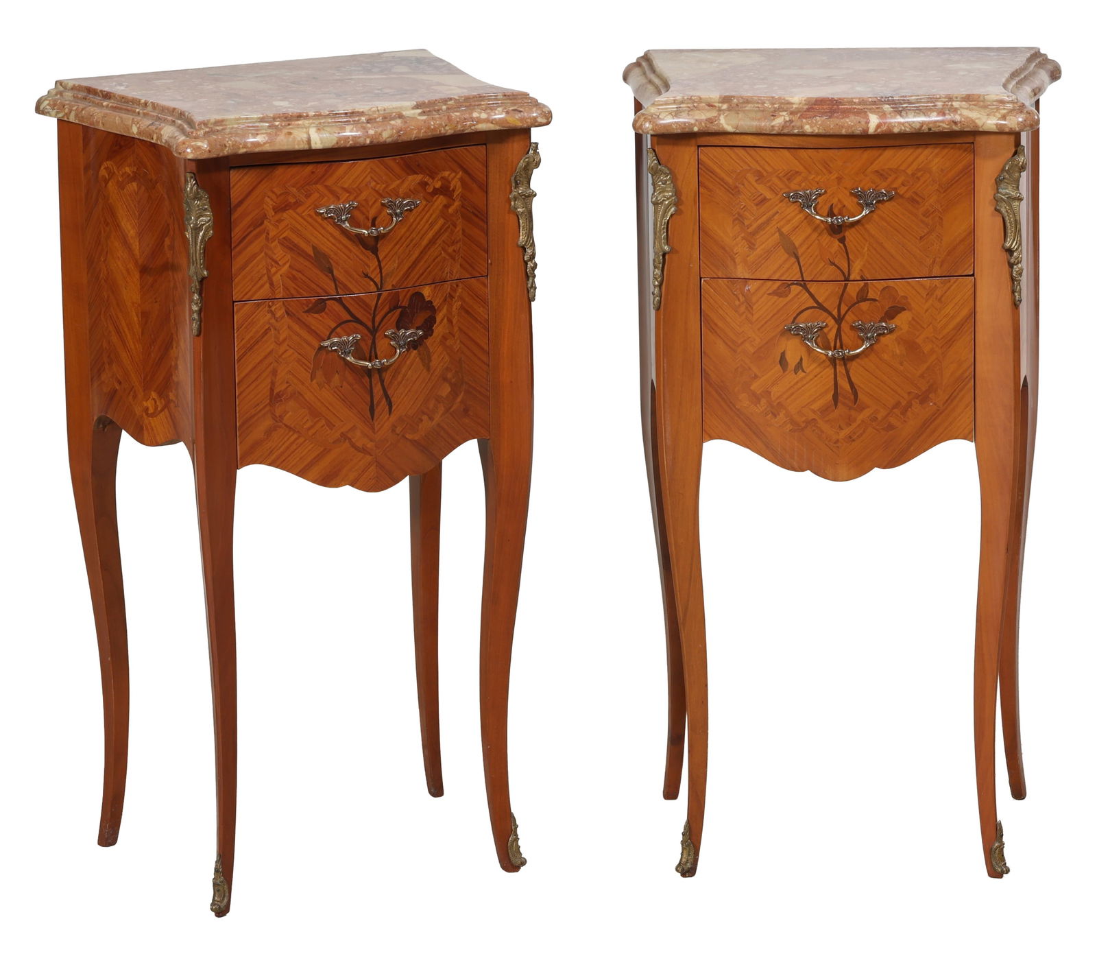 Pair of Louis XV Style Parquetry & Marquetry Marble Top Nightstands, late 19th c., H.- 29 1/4 in., (1 of 3)