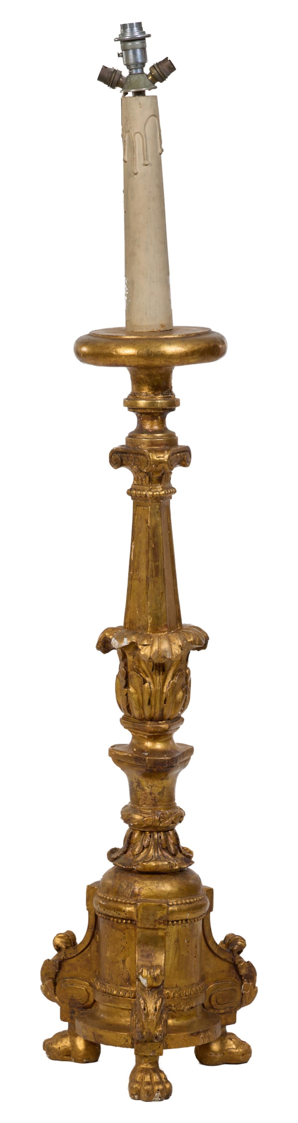 French Empire Giltwood Candle Pricket Floor Lamp, 19th c., H.- 62 in., W.- 13 in., D.- 13 in. (1 of 2)