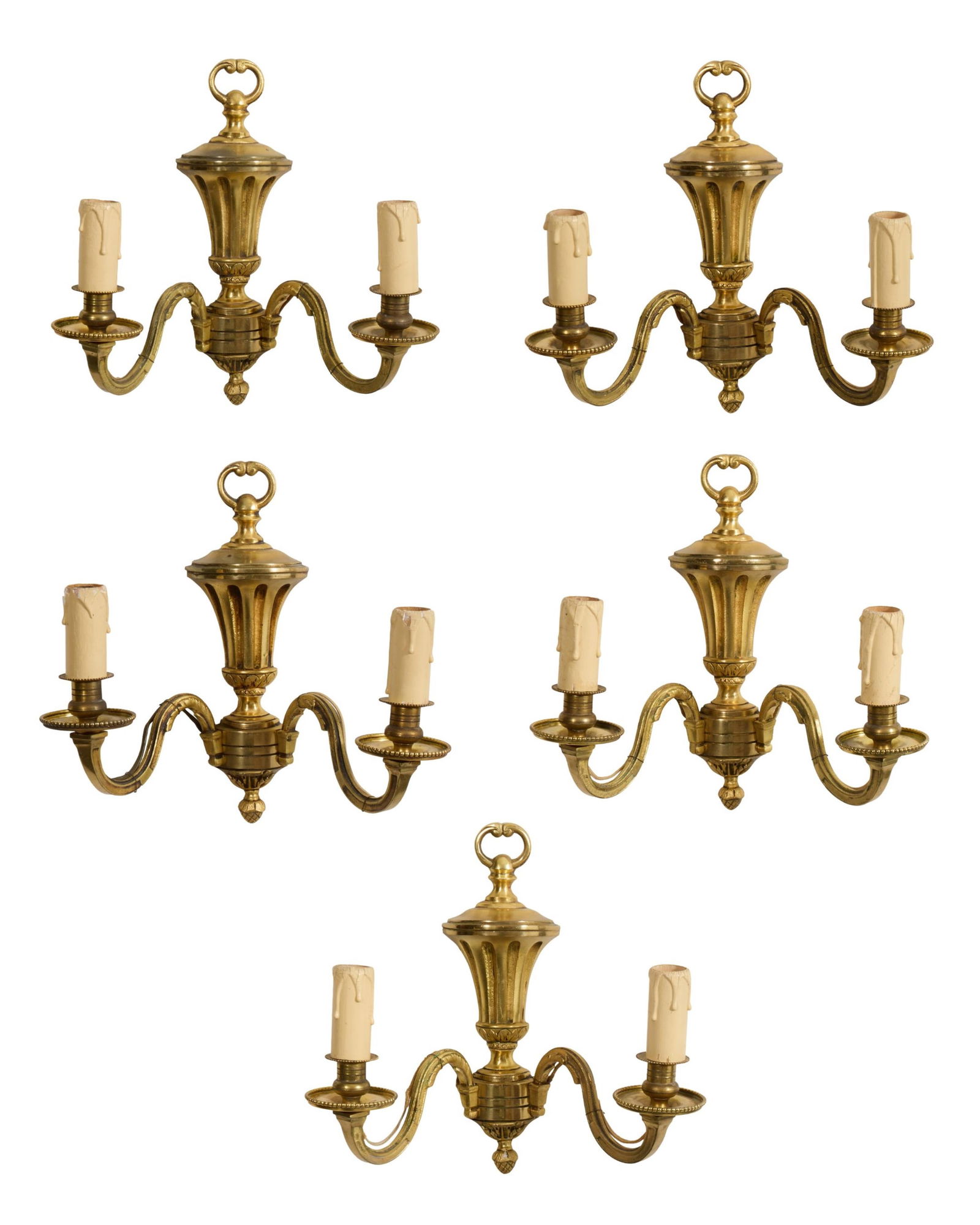 Set of Five French Louis XVI Style Gilt Bronze Two Light Sconces, 20th/21st c., Each- H.- 10 1/4 (1 of 6)