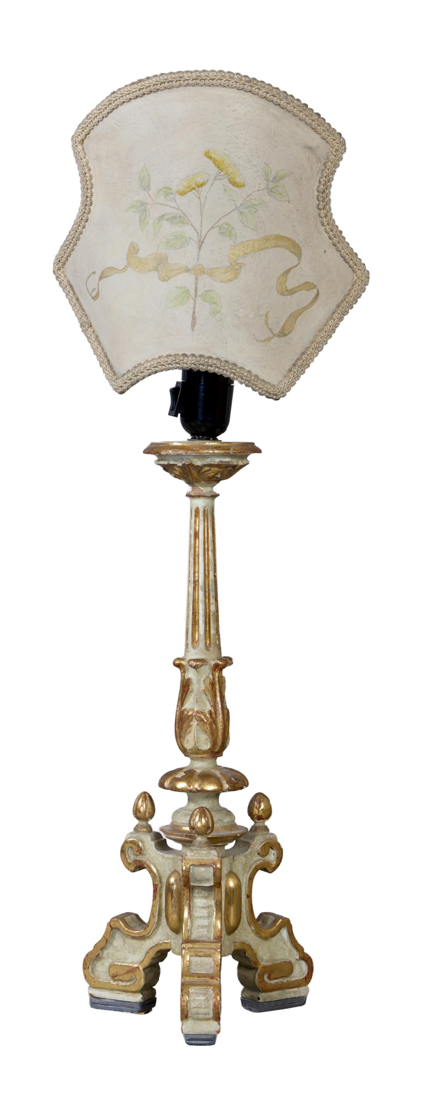 Italian Polychromed and Giltwood Tripodal Table Lamp, early 20th c., H.- 18 in., W.- 5 1/2 in., D.- (1 of 2)