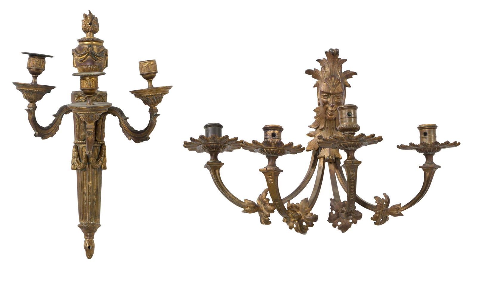 Two Gilt Bronze Sconces, 19th c., Four Lights- H.- 12 in., W.- 17 in., D.- 8 in.; Three Lights- H.- (1 of 4)