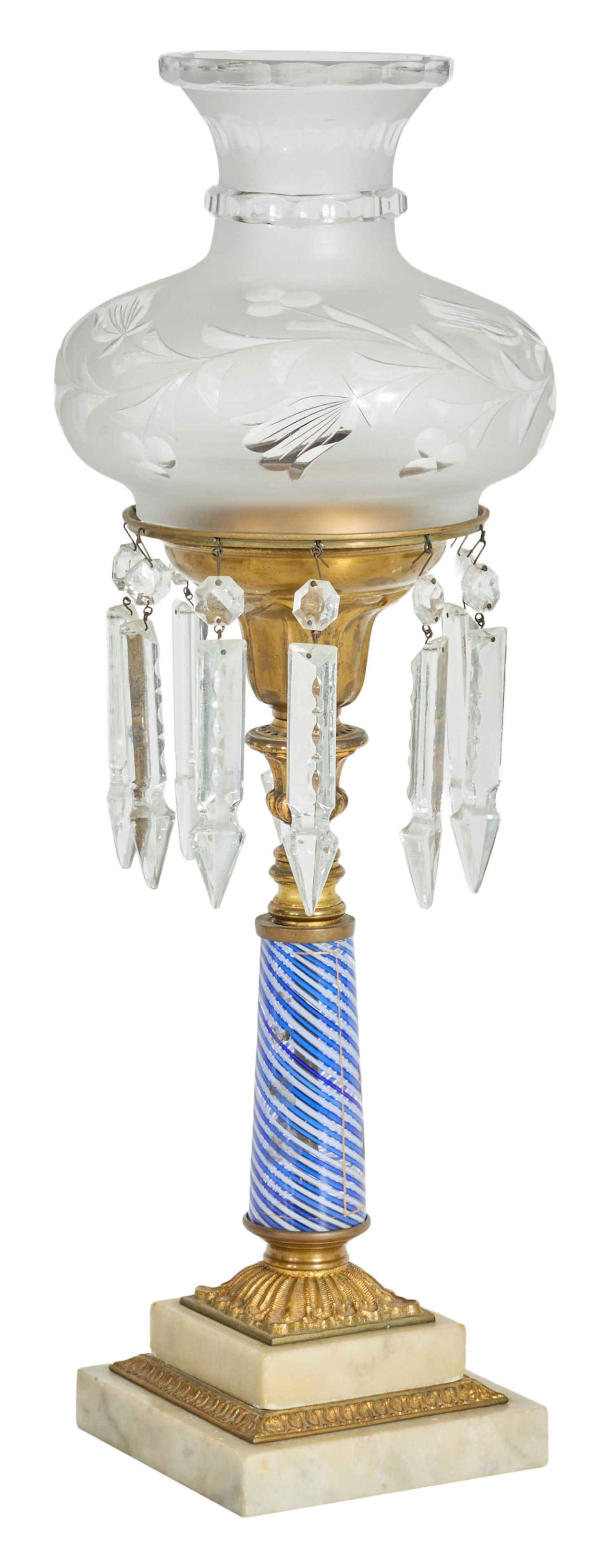 Marble, Bronze and Art Glass Button and Spear Prism Hung Solar Lamp and Shade, 19th c., H.- 21 in., (1 of 2)