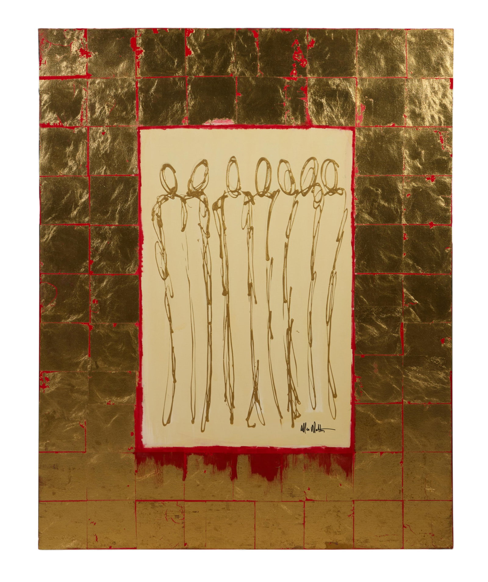 Allen Melton (American/Mississippi, b. 1964), "Ghosts from the Bourbon Street Hotel in Gold and: Allen Melton (American/Mississippi, b. 1964), "Ghosts from the Bourbon Street Hotel in Gold and Red," mixed media on gallery wrapped canvas, signed lower center right, unframed, H.- 60 in., W.- 48 in.