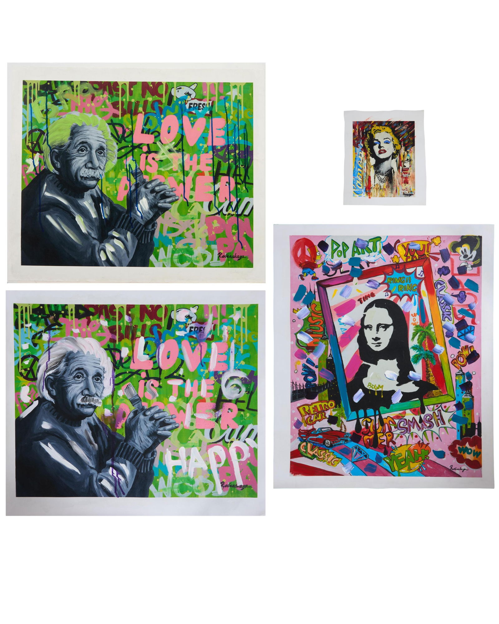 Nastya Rovenskaya (Russian, b. 1976), "Pop Art (Mona Lisa)," "Love is in the... (Einstein)," and: Nastya Rovenskaya (Russian, b. 1976), "Pop Art (Mona Lisa)," "Love is in the... (Einstein)," and "Marilyn," each enhanced mixed media giclee on canvas, each signed lower right, each unframed, one acco