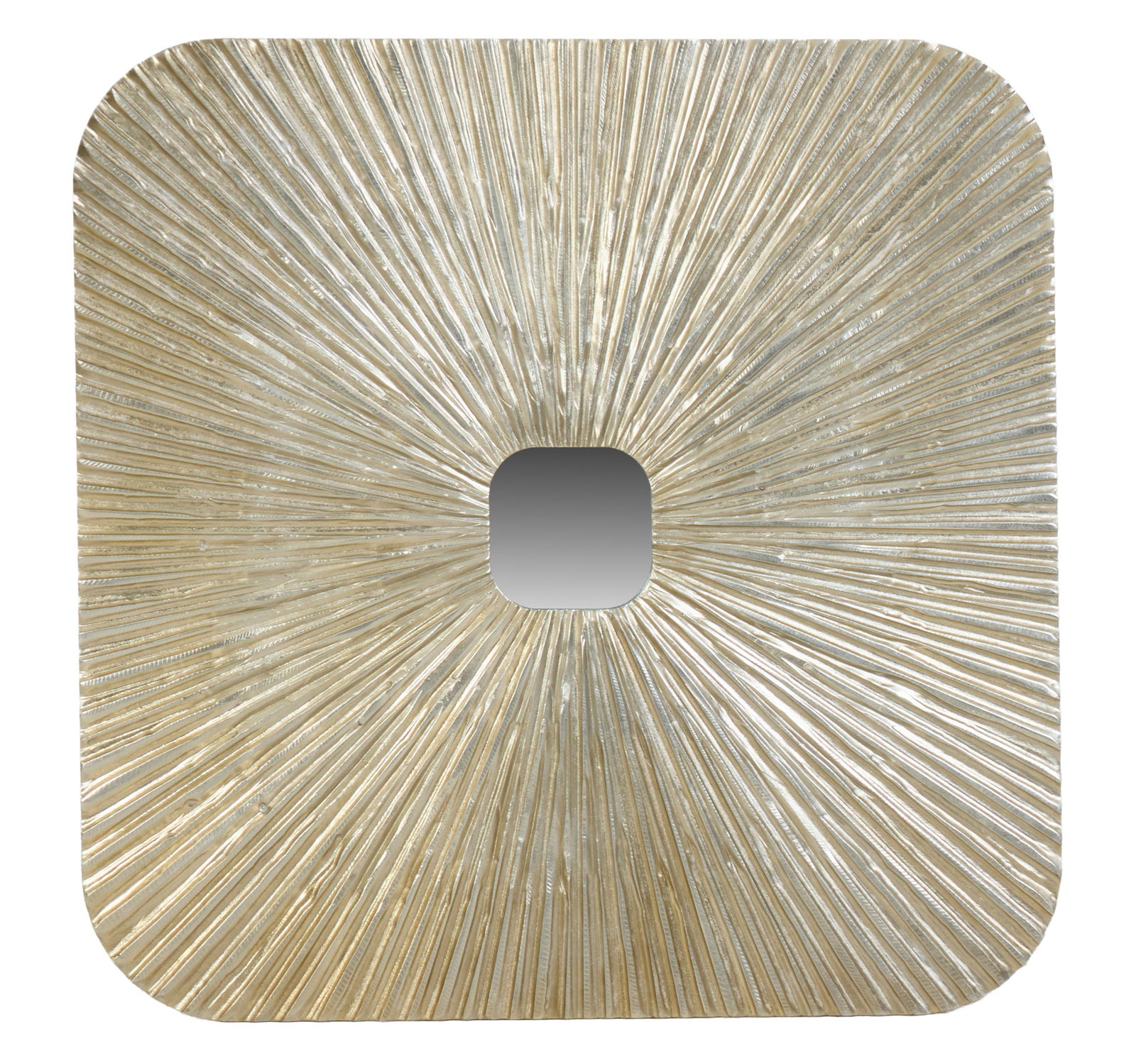 Art Deco Style Silvered Sunburst Mirror, 21st c., H.- 47 1/2 in., W.- 47 1/2 in.: Art Deco Style Silvered Sunburst Mirror, 21st c., the restrained central square with rounded corners, the broad conforming surround with sun rays, H.- 47 1/2 in., W.- 47 1/2 in.