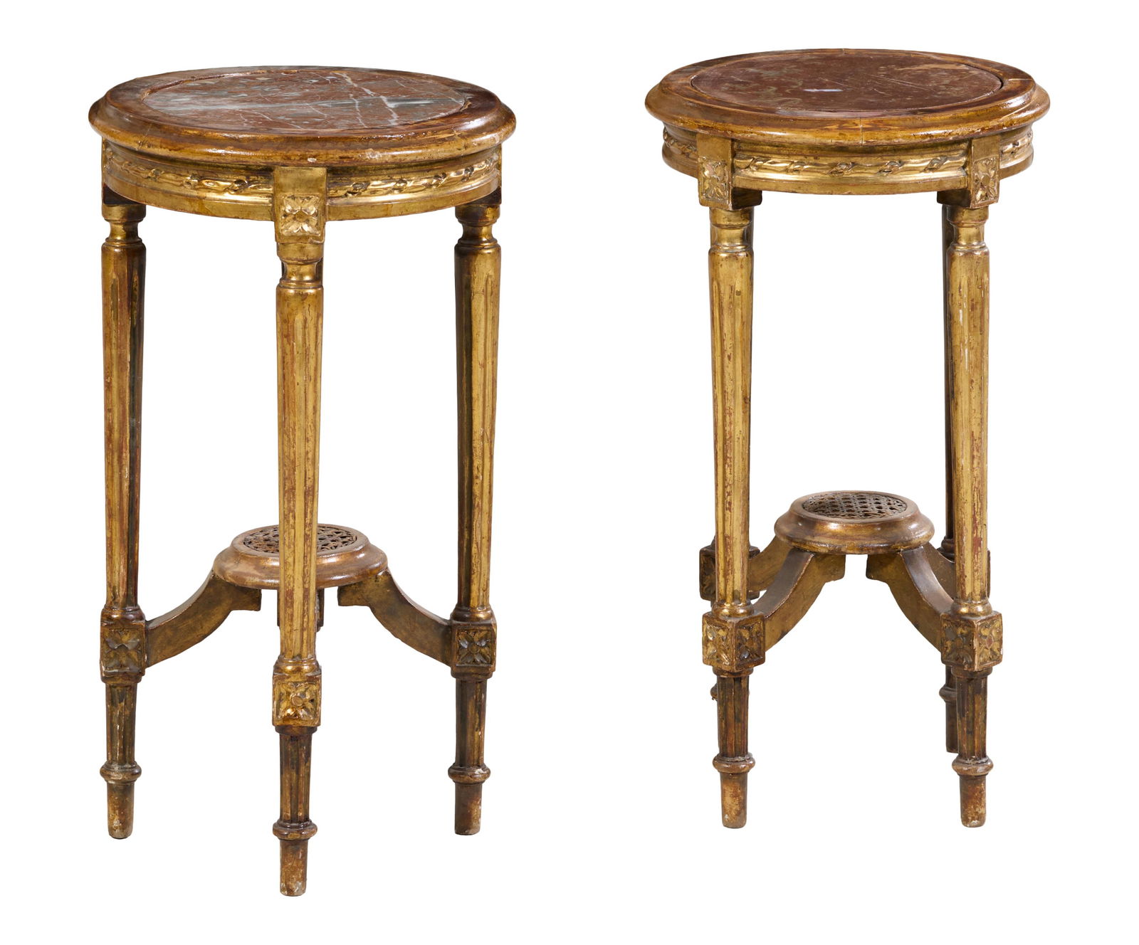 Pair of Louis XVI Style Low Inset Marble Top Carved Walnut Gilt Pedestals, 20th c., Each- H.- 25 (1 of 2)