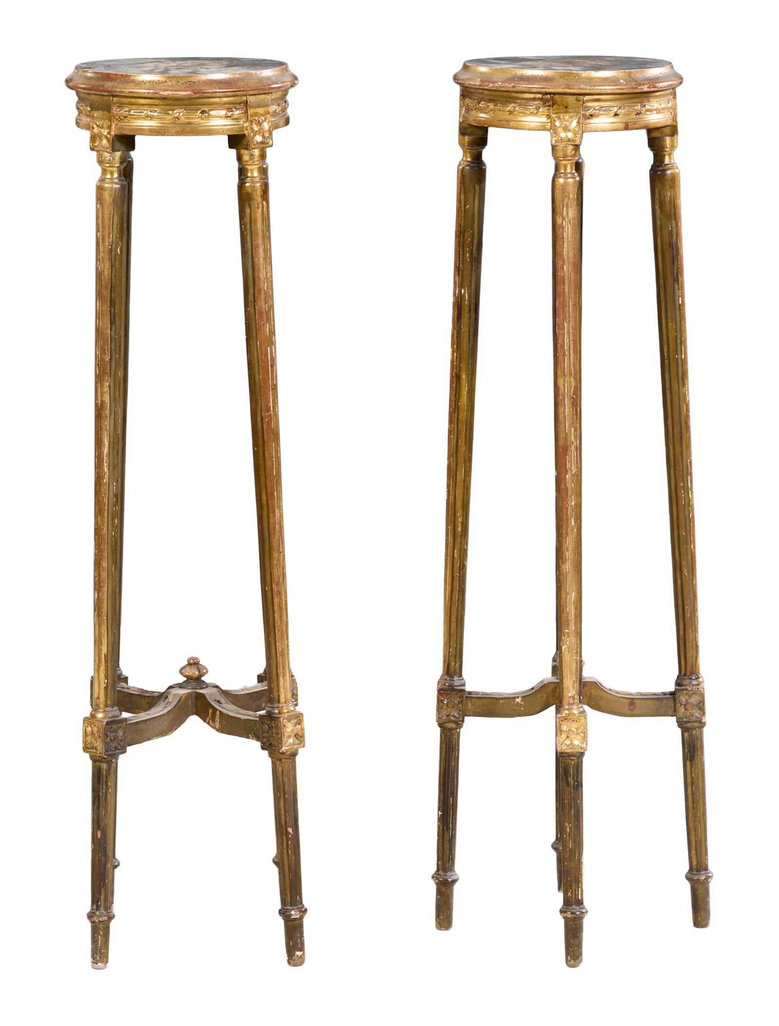 Pair of Tall Giltwood Pedestals, 20th c., H.- 44 1/2 in., Dia.- 12 in. (2 Pcs.): Pair of Tall Giltwood Pedestals, 20th c., on reeded tapered legs, joined by lower stretchers, H.- 44 1/2 in., Dia.- 12 in. (2 Pcs.)