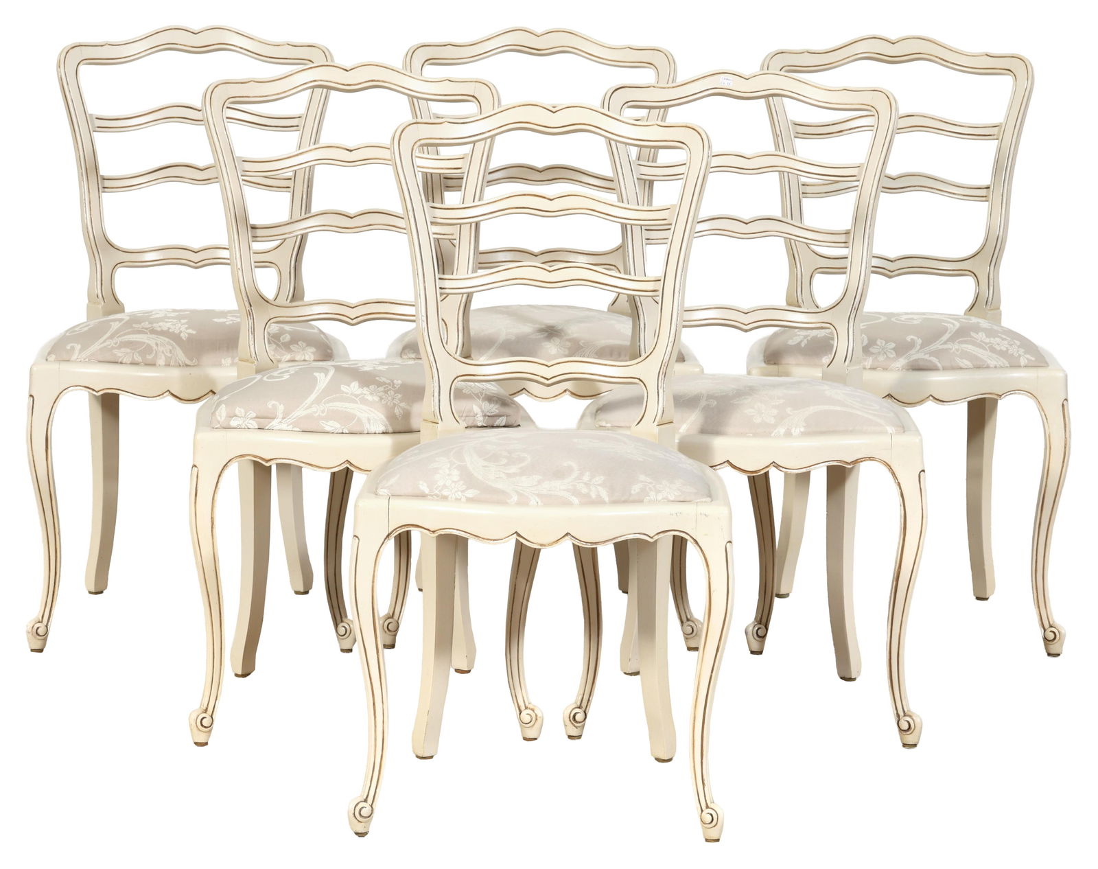 Six Art Nouveau Inspired Creme Peinte Side Chairs, early 20th c., H.- 34 in., W.- 19 in., D.- 19 in. (1 of 3)
