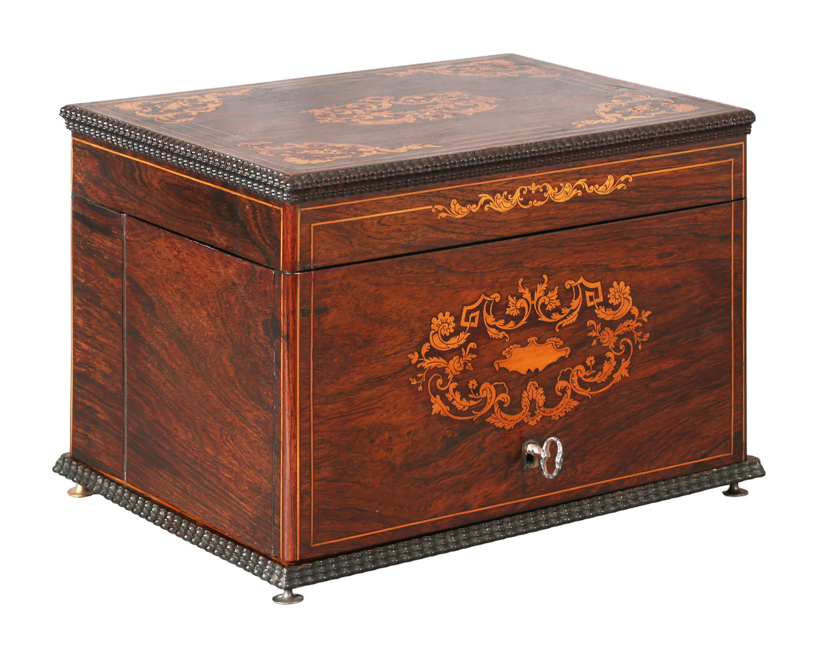 French Napoleon III Parquetry Tantalus, late 19th c., H.- 8 1/2 in., W.- 12 1/4 in., D.- 9 1/8 in. (1 of 5)