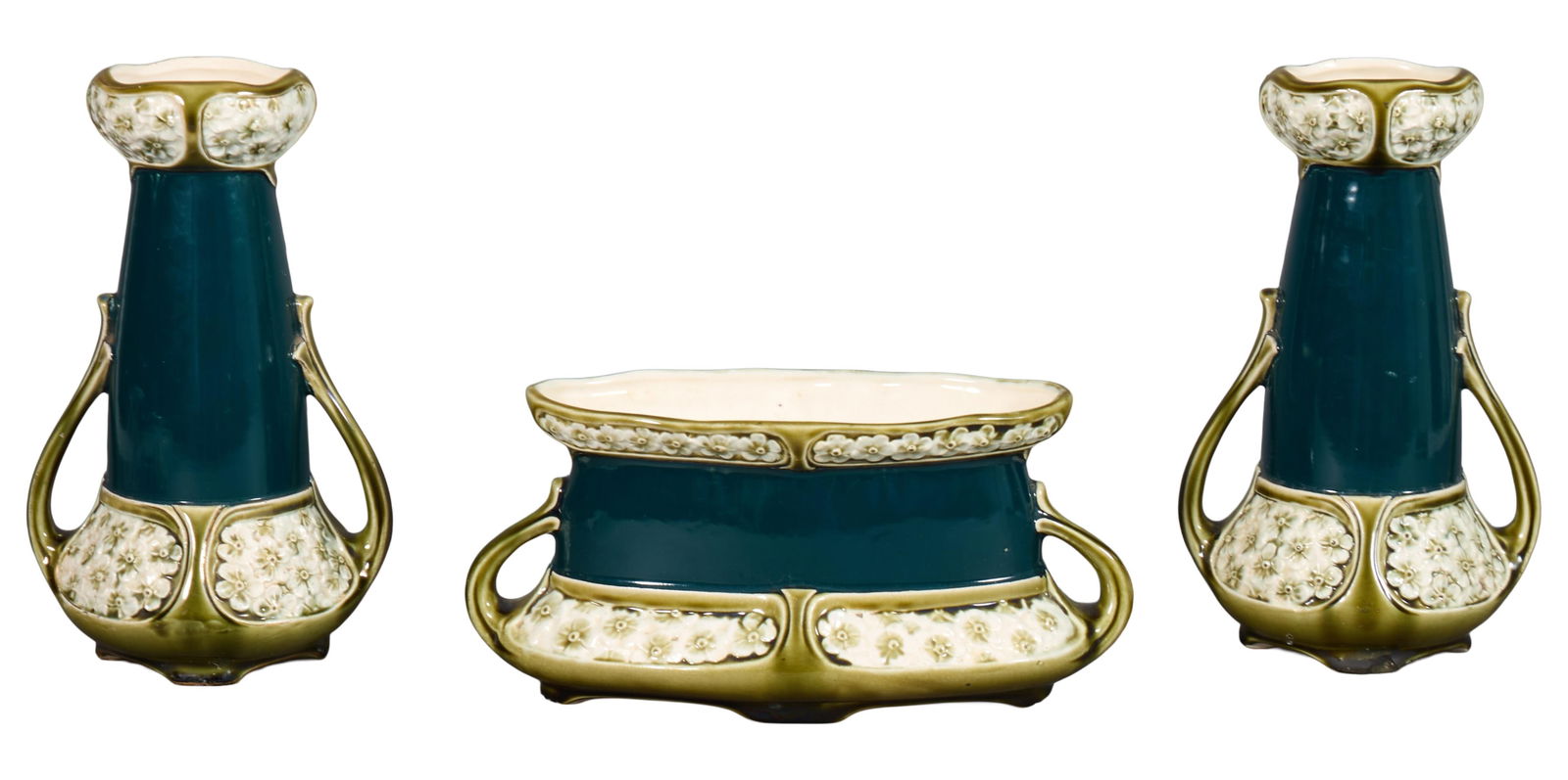 Art Deco Ceramic Three Piece Mantel Garniture Set, 20th c., Vases- H.- 10 3/16 in., W.- 6 in., D.- 5 (1 of 4)