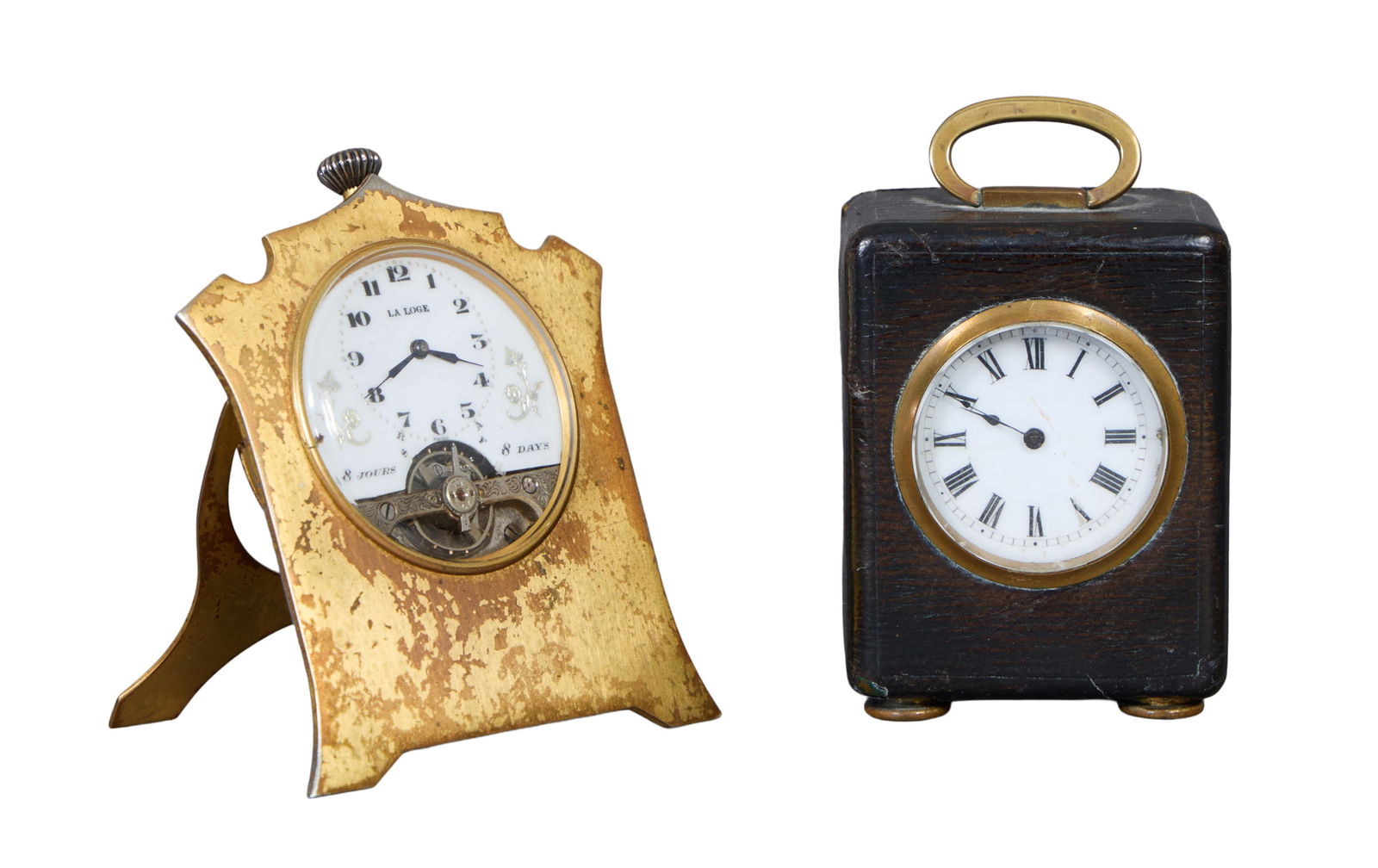 Two Small Desk Clocks, 19th c., Brass- H.- 3 1/4 in., W.- 2 5/8 in.; Leather- H.- 2 1/2 in., W.- 1 (1 of 1)