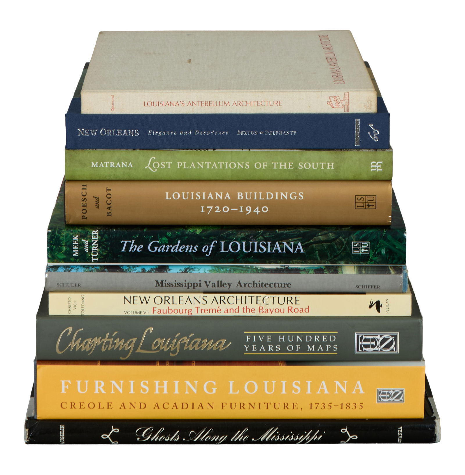 Group of Ten Louisiana Interest Books, 20th/21st c., Furnishing Louisiana - H.- 12 3/8 in., W.- 9: Group of Ten Louisiana Interest Books, 20th/21st c., consisting of "Charting Louisiana: Five Hundred Years of Maps," Alfred E. Lemmon, John T. Magill and Jason R. Weise, 2003; "New Orleans Elegance an