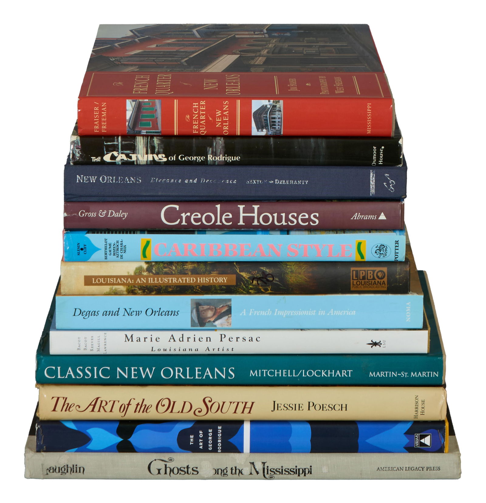 Group of Twelve Louisiana Interest Books, 20th/21st c., Ghosts Along the Mississippi- H.- 13 1/4: Group of Twelve Louisiana Interest Books, 20th/21st c., consisting of "Ghosts Along the Mississippi," Clarence John Laughlin, 1948; "Louisiana: An Illustrated History," C. E. Richard, 2003; "The Art o