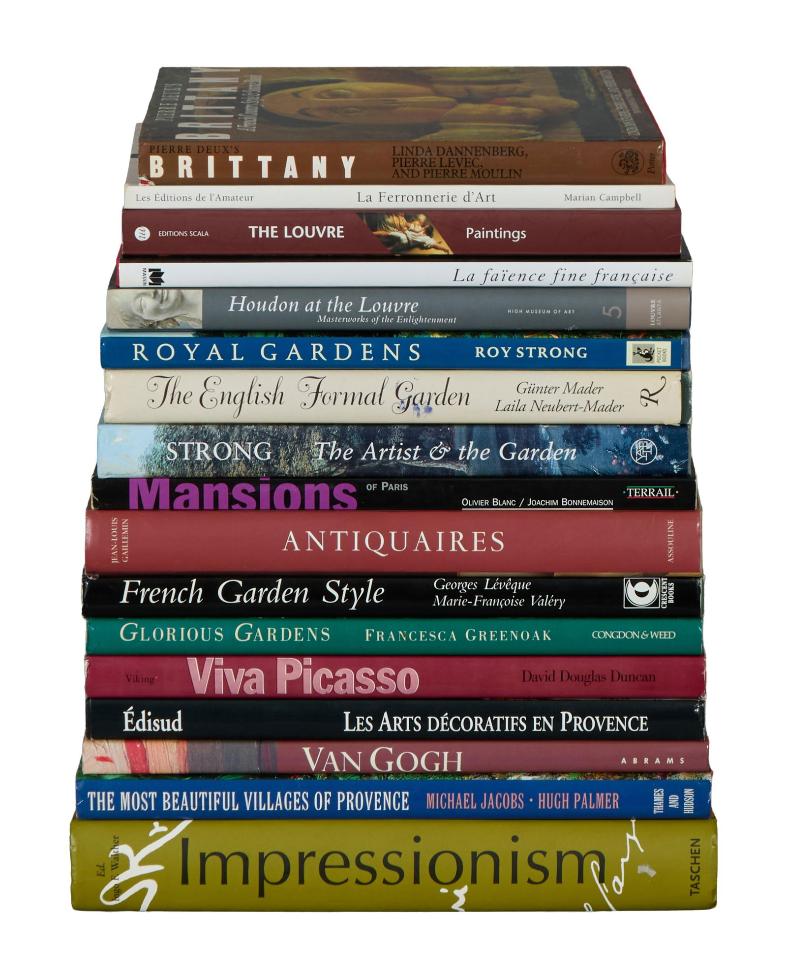 Group of Seventeen Garden and Art Books, 20th/21st c., Impressionism- H.- 12 3/4 in., W.- 9 7/8 in.,: Group of Seventeen Garden and Art Books, 20th/21st c., consisting of "Antiquaires: The Finest Antique Dealers in Paris," Jean-Louis Gaillemin, 2000; "Mansions of Paris," Olivier Blanc and Joachim Bonn
