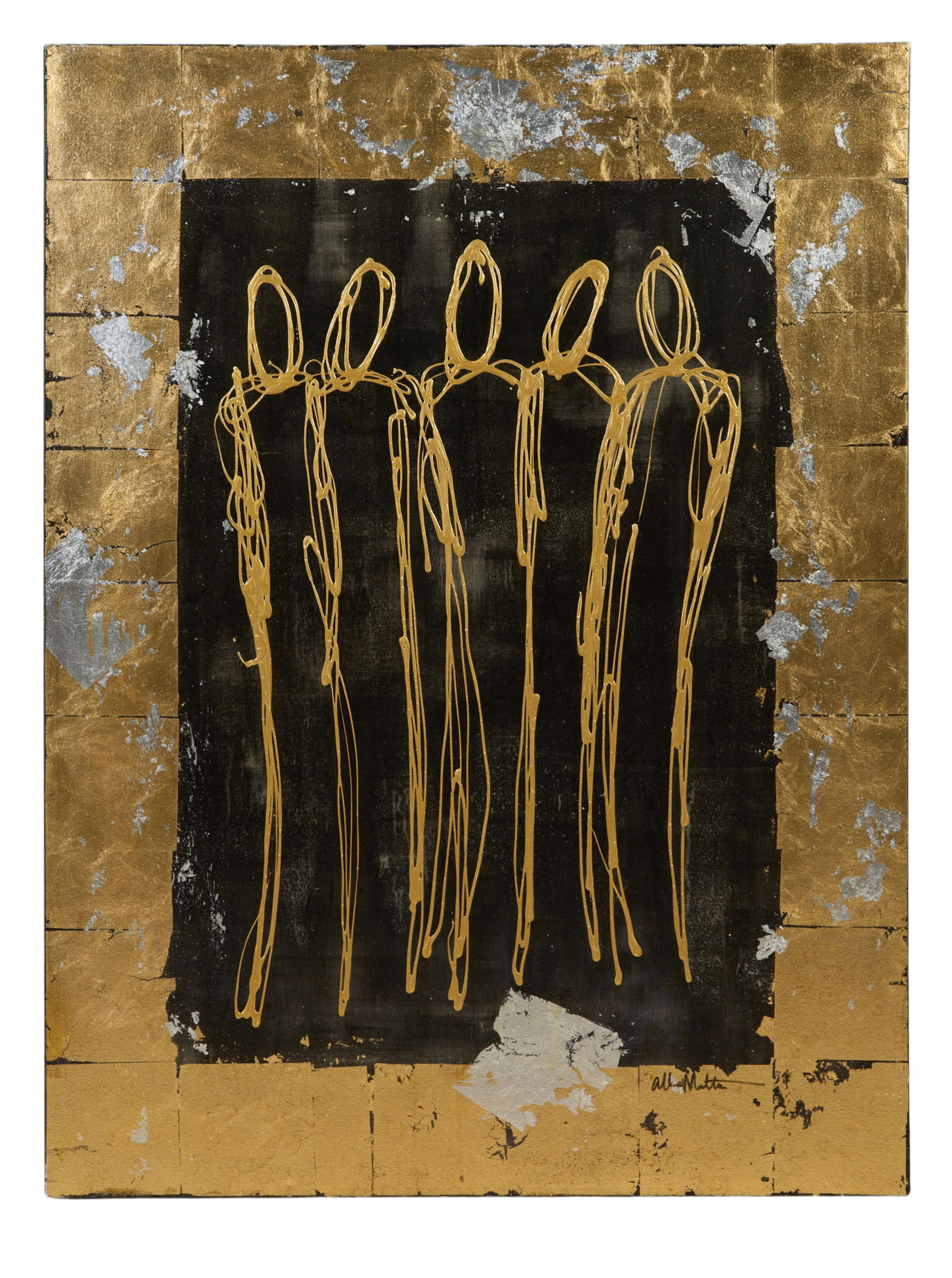 Allen Melton (American/Mississippi, b. 1964), "Abstract Gold Leaf Grid with Ghosts from the Bourbon: Allen Melton (American/Mississippi, b. 1964), "Abstract Gold Leaf Grid with Ghosts from the Bourbon Street Hotel," acrylic on a gallery wrapped canvas, signed lower right, unframed, H.- 48 in., W.- 36