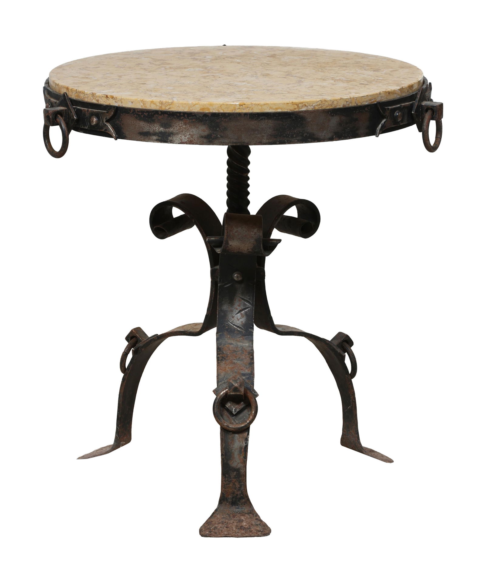 French Renaissance Revival Stone and Iron Garden Table, 20th c., H.- 27 1/2 in., Dia.- 26 1/4 in. (1 of 2)