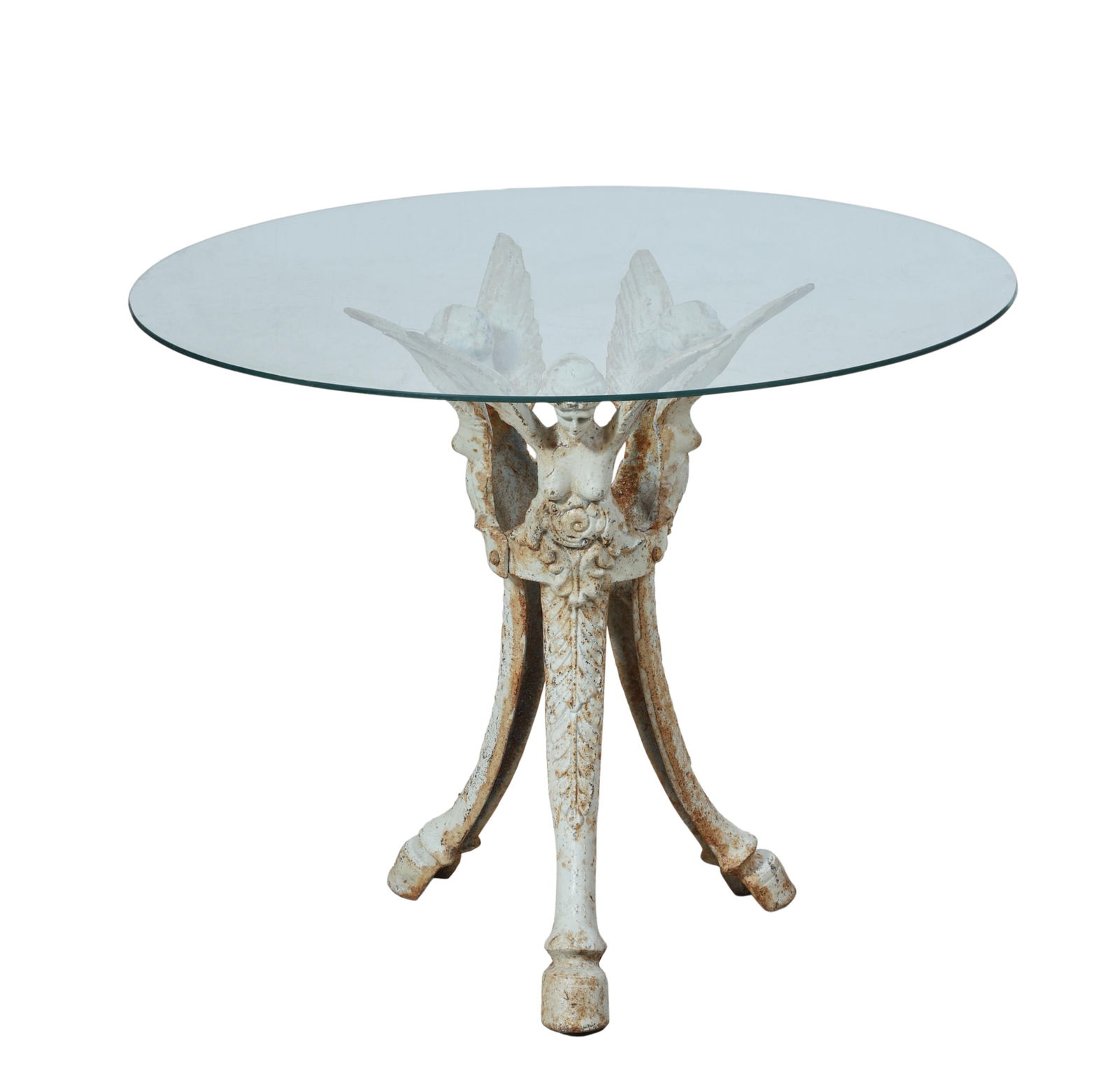 American Cast Iron Glass Top Patio Table, early 20th c., H.- 26 1/4 in., Dia.- 32 1/4 in. (1 of 4)