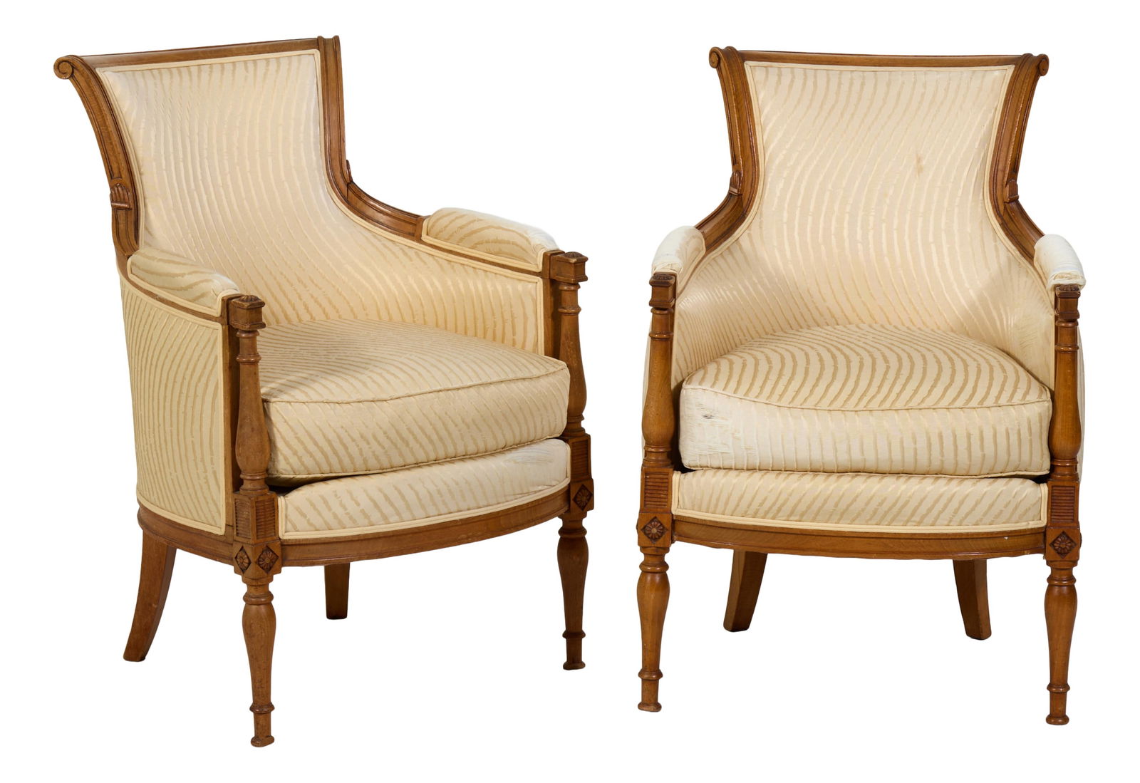 Pair of French Louis XVI Style Cherry Bergeres, mid 20th c., H.- 33 1/2 in., W.- 23 in., D.- 22 in. (1 of 1)