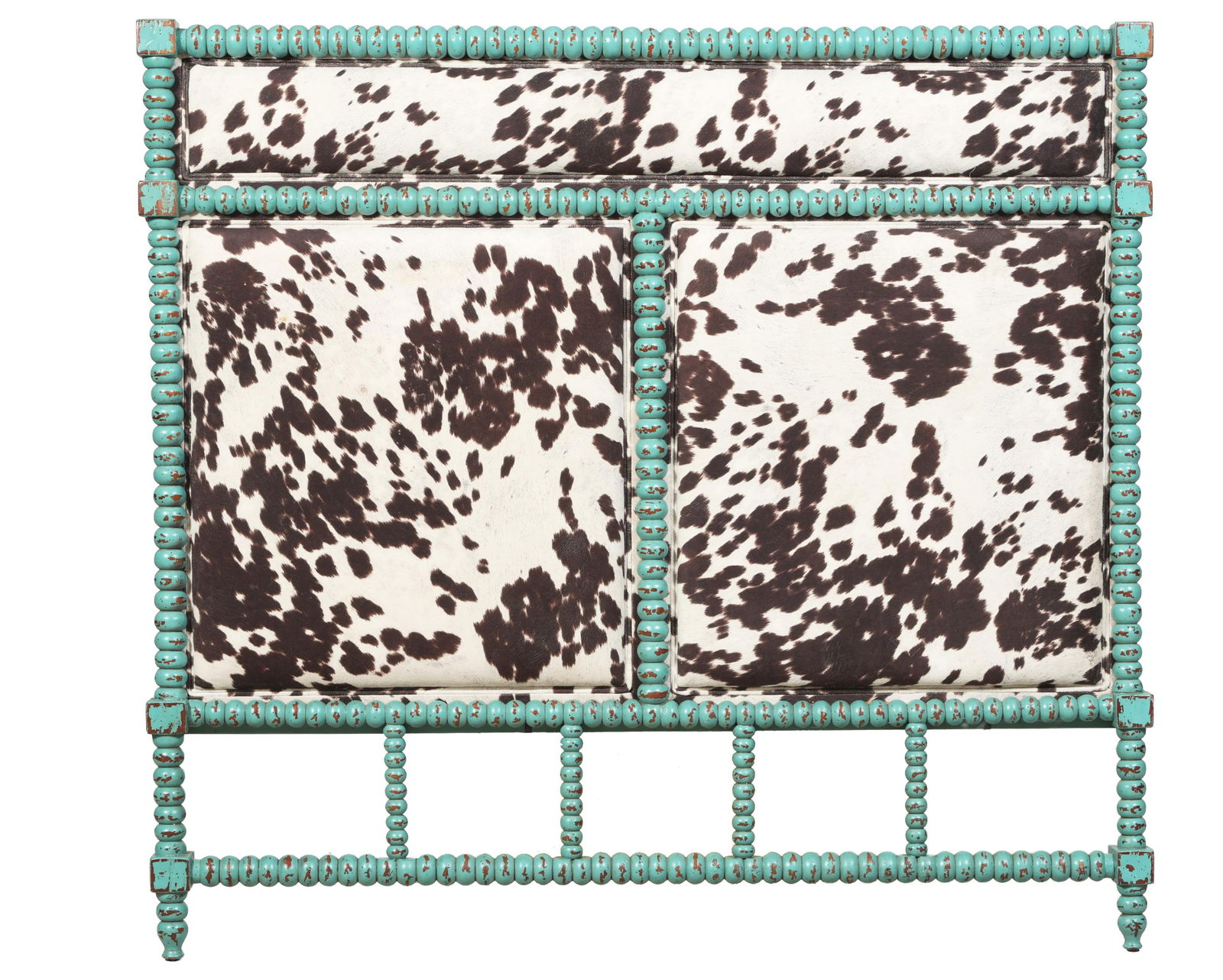 Jenny Lind Style Polychromed Hide Headboard, 20th c., H.- 57 1/4 in., W.- 61 1/2 in.: Jenny Lind Style Polychromed Hide Headboard, 20th c., three upholstered cowhide panels, bobbin turned with block crest rail, stiles, supports and feet, H.- 57 1/4 in., W.- 61 1/2 in. Provenance: The E