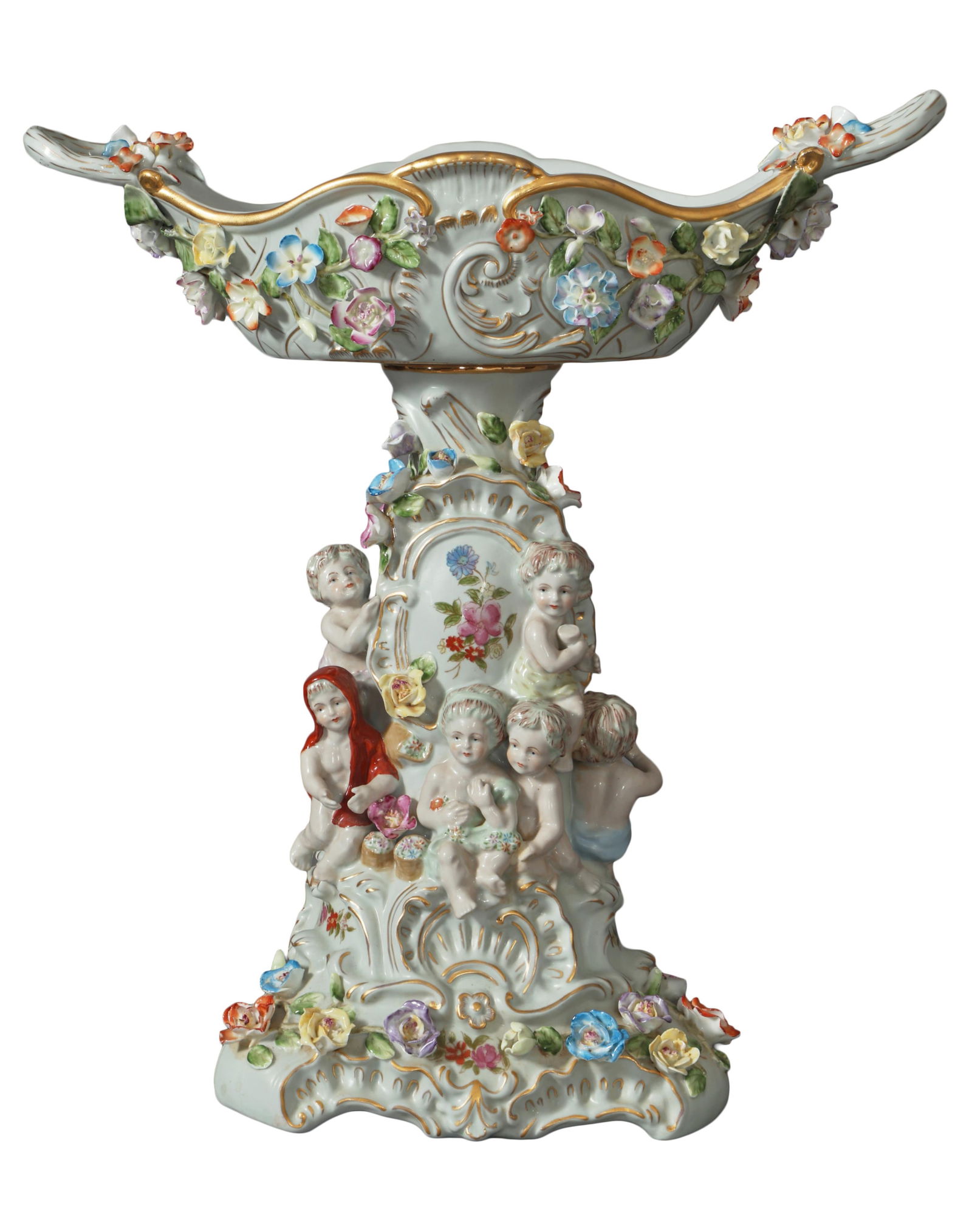 Ornate Meissen Centerpiece, 19th c., H.- 18 in., W.- 16 in., D.- 9 in.: Ornate Meissen Centerpiece, 19th c., with relief of putti and floral decoration, the underside marked with blue crossed swords and "R. B.", H.- 18 in., W.- 16 in., D.- 9 in.