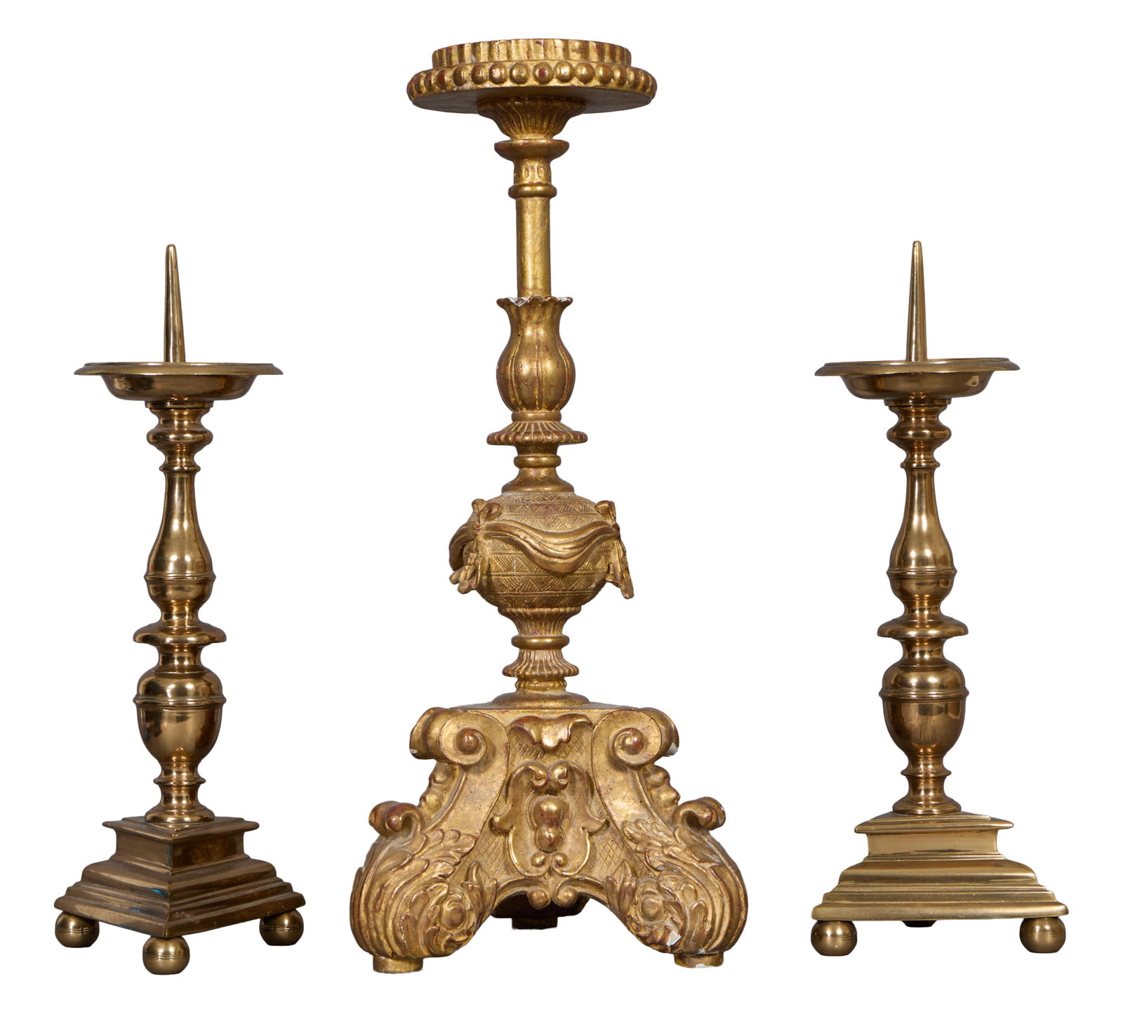 Pair of Gilt Bronze Pricket Candle Sticks, 20th c., Candlesticks- H.- 18 1/2 in., W.- 6 in., D.- 6 (1 of 3)