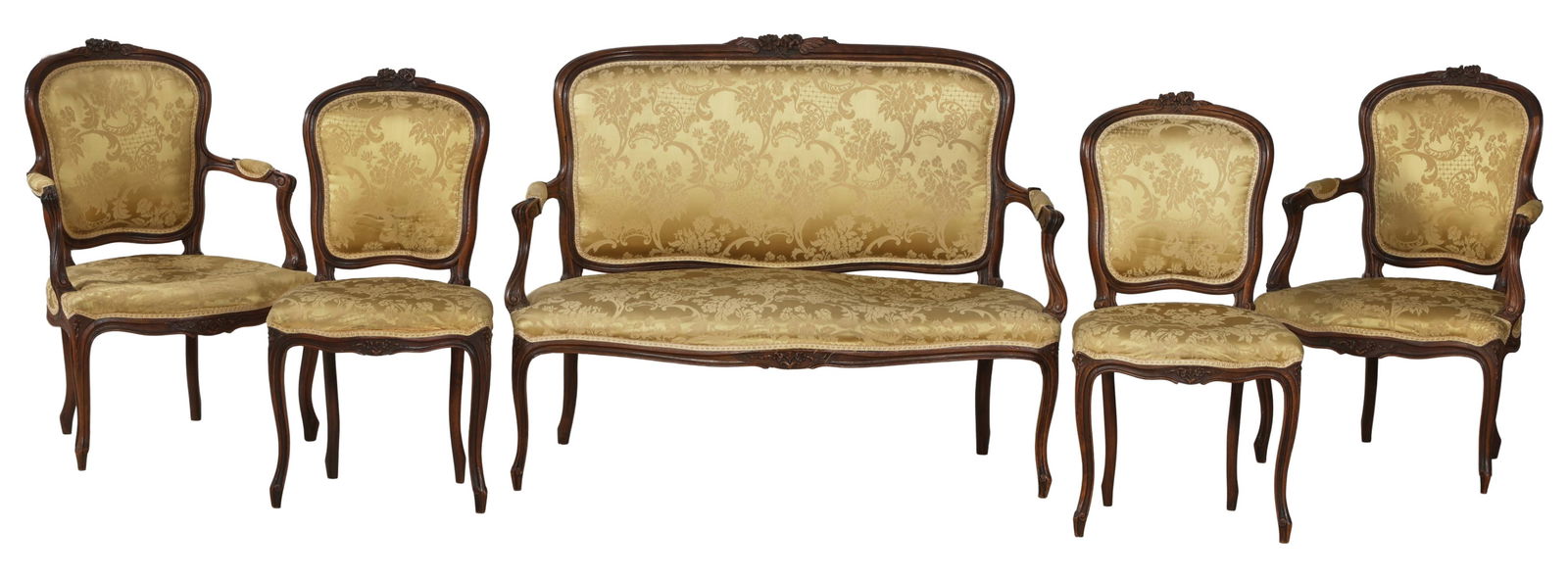 Five Piece French Louis XV Style Carved Walnut Parlor Suite, 19th c., Settee- H.- 38 in., W.- 47 (1 of 5)