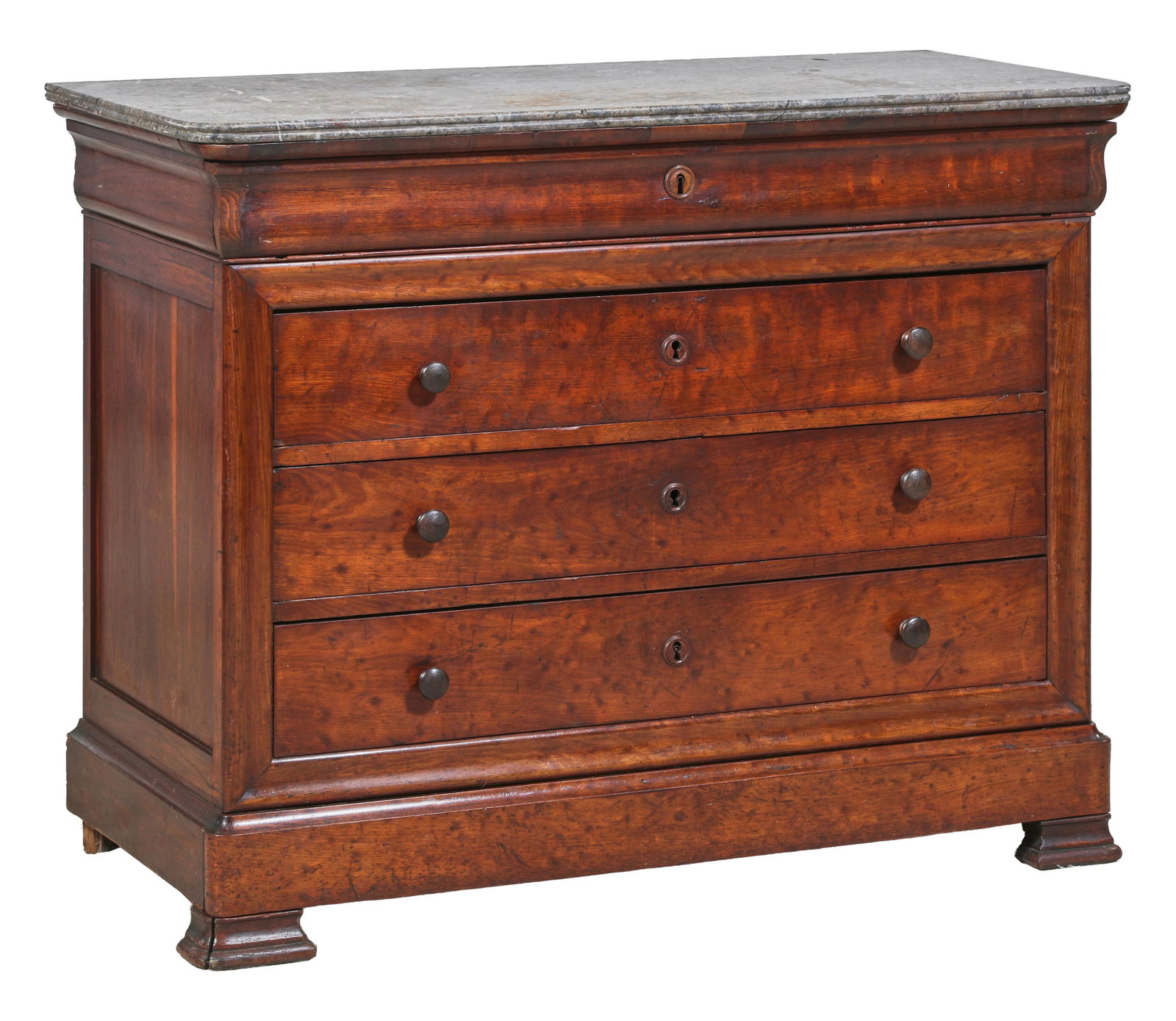French Louis Philippe Marble Top Walnut Commode, mid 19th c., H.- 38 in., W.- 48 1/4 in., D.- 22 1/4 (1 of 2)