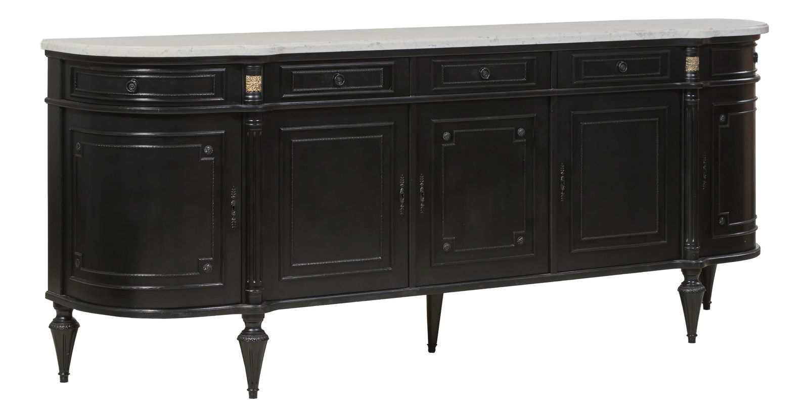 French Louis XVI Style Marble Top Noir Peinte Enfilade, 20th c., H.- 40 1/2 in., W.- 98 in., D.- 22 (1 of 2)