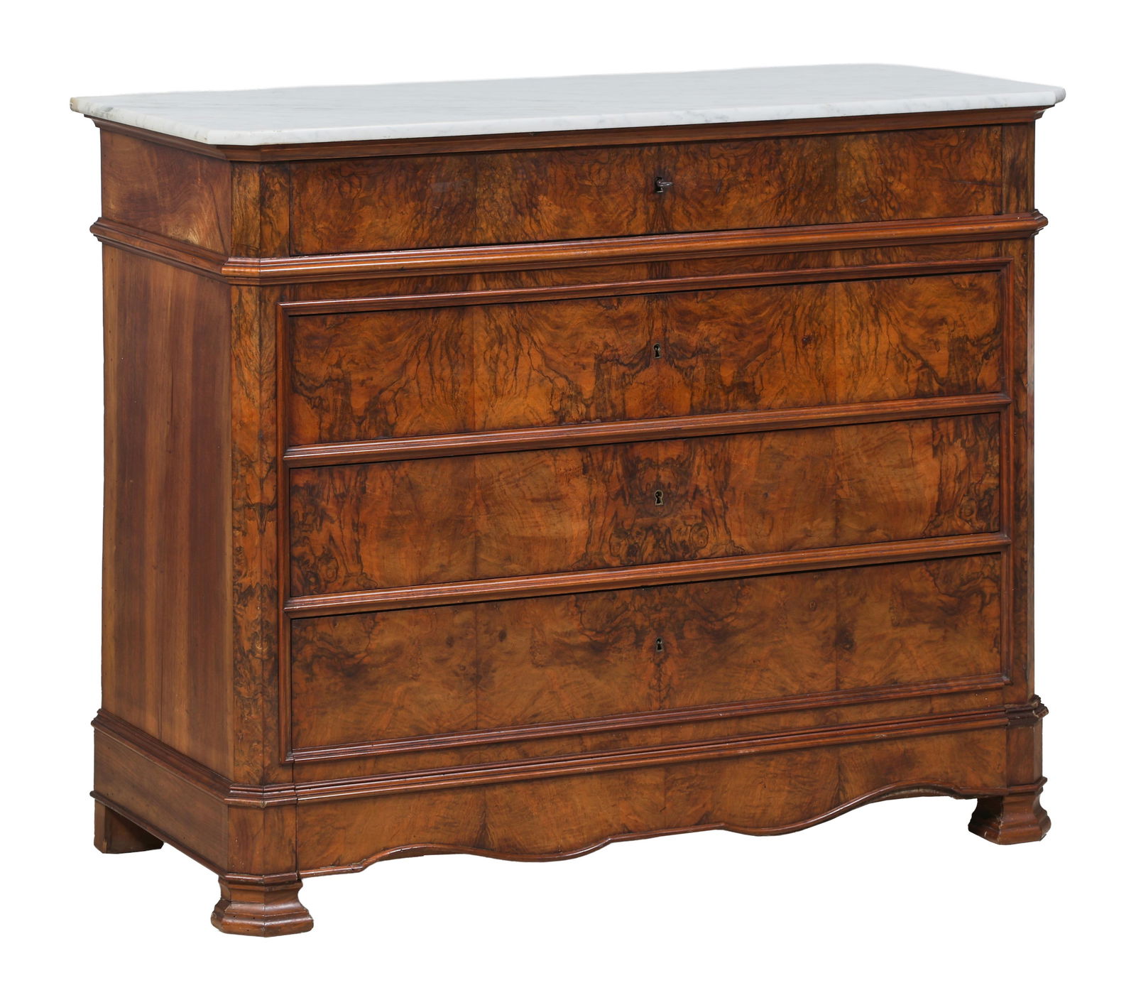 French Louis Philippe Marble Top Walnut Commode, mid 19th c., H.- 39 1/2 in., W.- 47 1/2 in., D.- 21 (1 of 2)