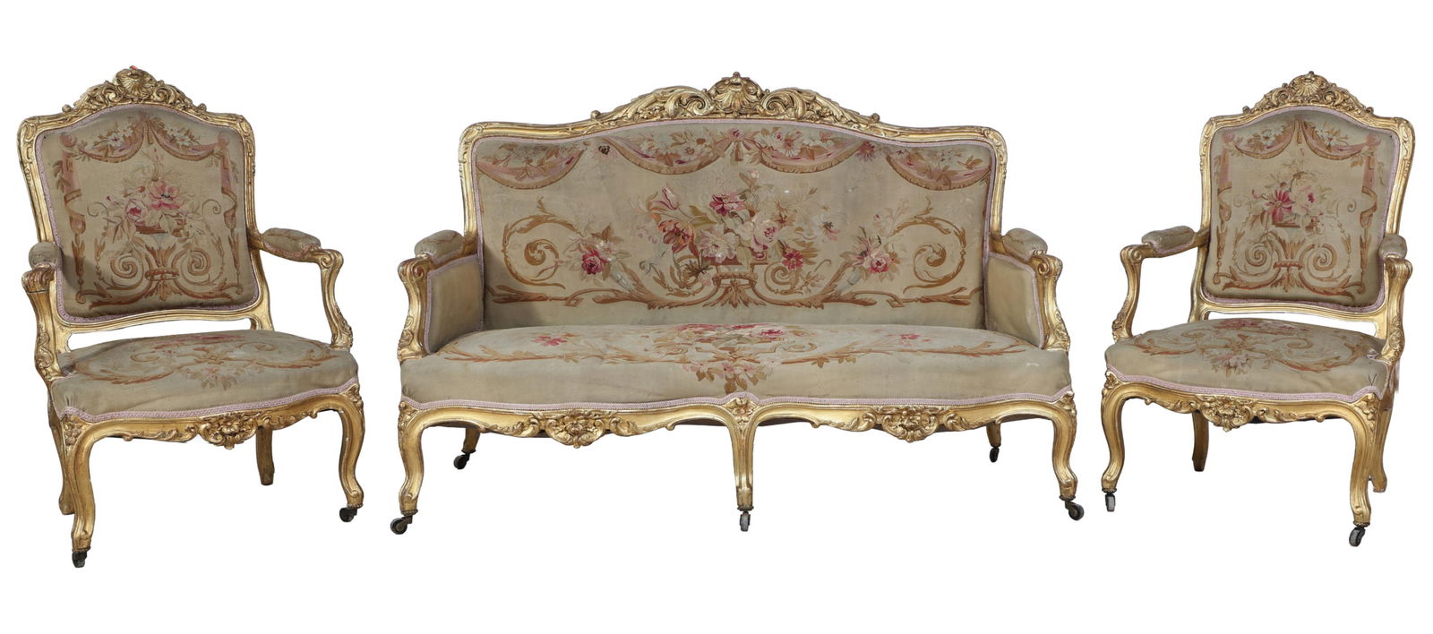 Three Piece French Louis XVI Style Carved Giltwood Needlepoint Seating Group, mid to late 19th c., (1 of 3)