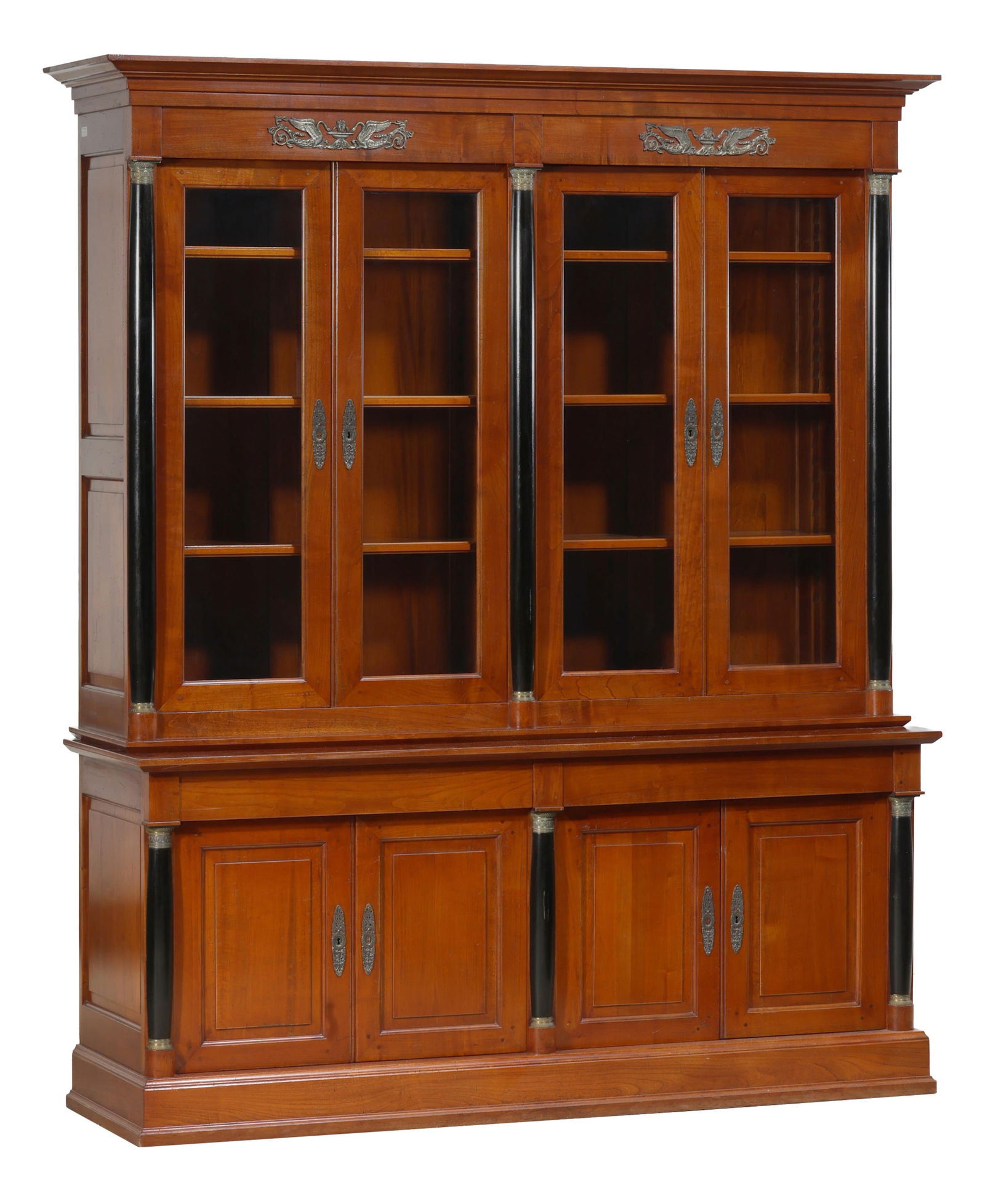 French Empire Style Cherry Bookcase, 20th c., H.- 83 1/2 in., W.- 68 in., D.- 19 3/4 in. (1 of 2)