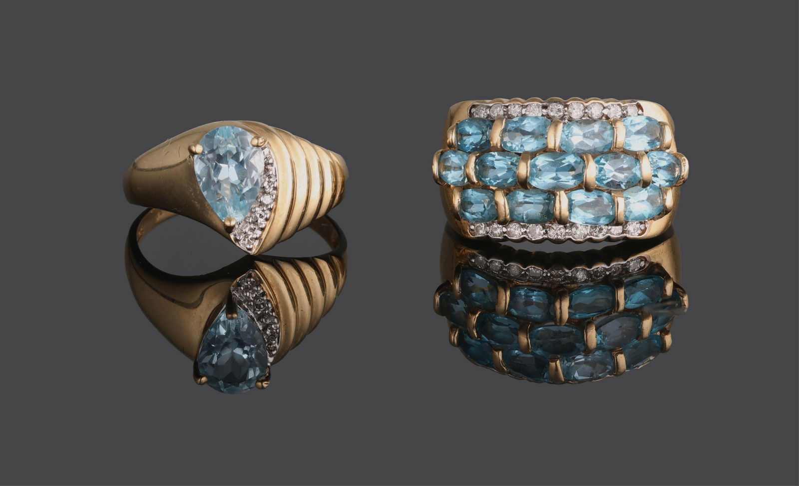 Two 14K Yellow Gold Rings, 20th c., Aquamarine- Size- 8; Topaz- Size- 6 1/2 (2 Pcs.) (1 of 3)
