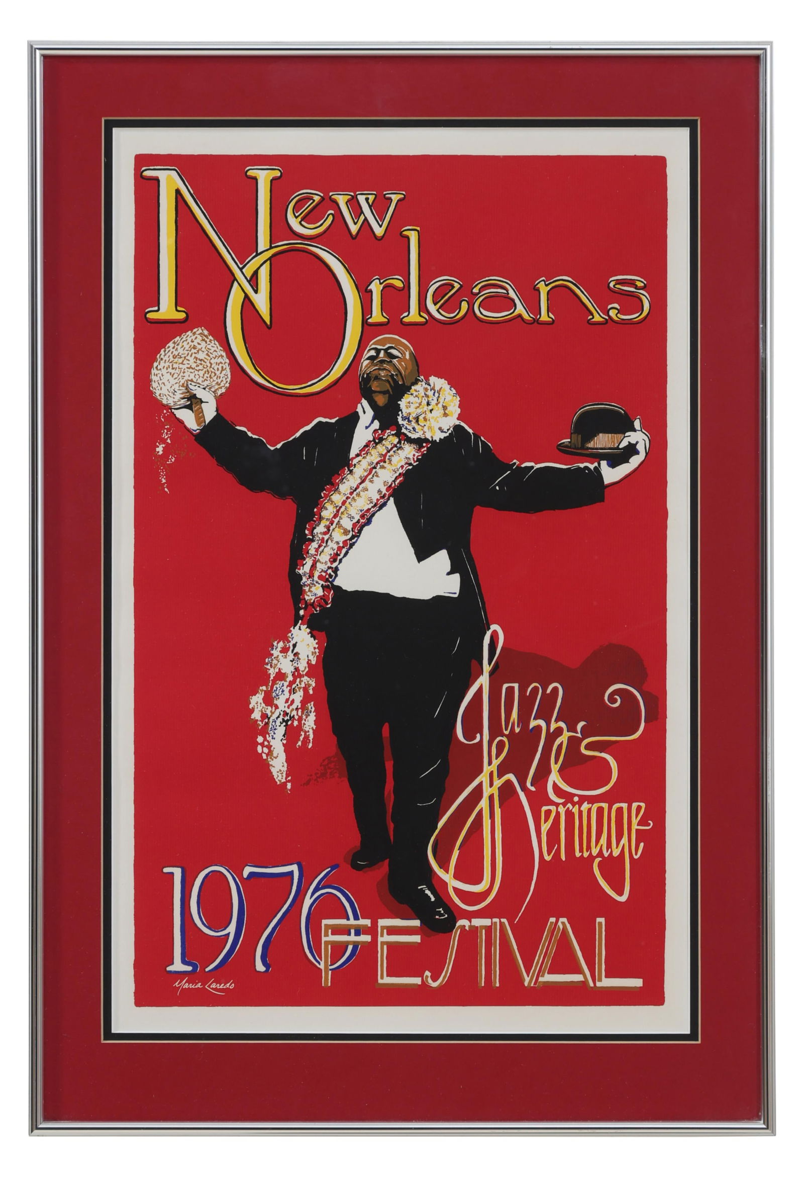 Maria Laredo (American/New Orleans, b. 1948), "New Orleans Jazz & Heritage Festival Poster with Fats: Maria Laredo (American/New Orleans, b. 1948), "New Orleans Jazz & Heritage Festival Poster with Fats Houston," 1976, color lithograph on paper, unsigned/unnumbered, rare limited edition of early hand-