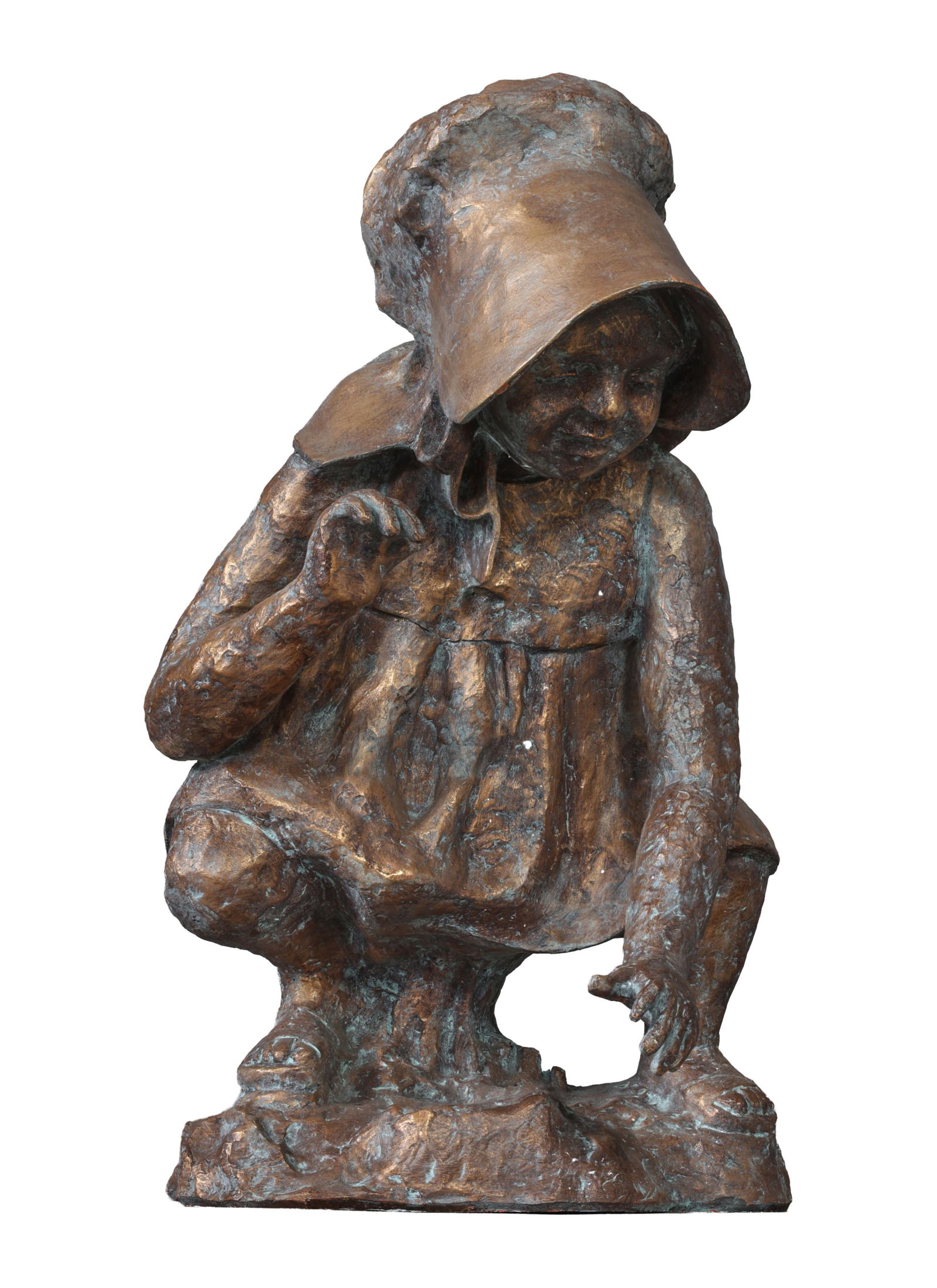 Chestee Harrington (American/Louisiana, b. 1941), "Crouching Child," Approx. H.- 22 1/2 in., W.- 14: Chestee Harrington (American/Louisiana, b. 1941), "Crouching Child," bronze finish fired clay statue, signed and editioned 4/20 on base, Approx. H.- 22 1/2 in., W.- 14 in., D.- 18 in.