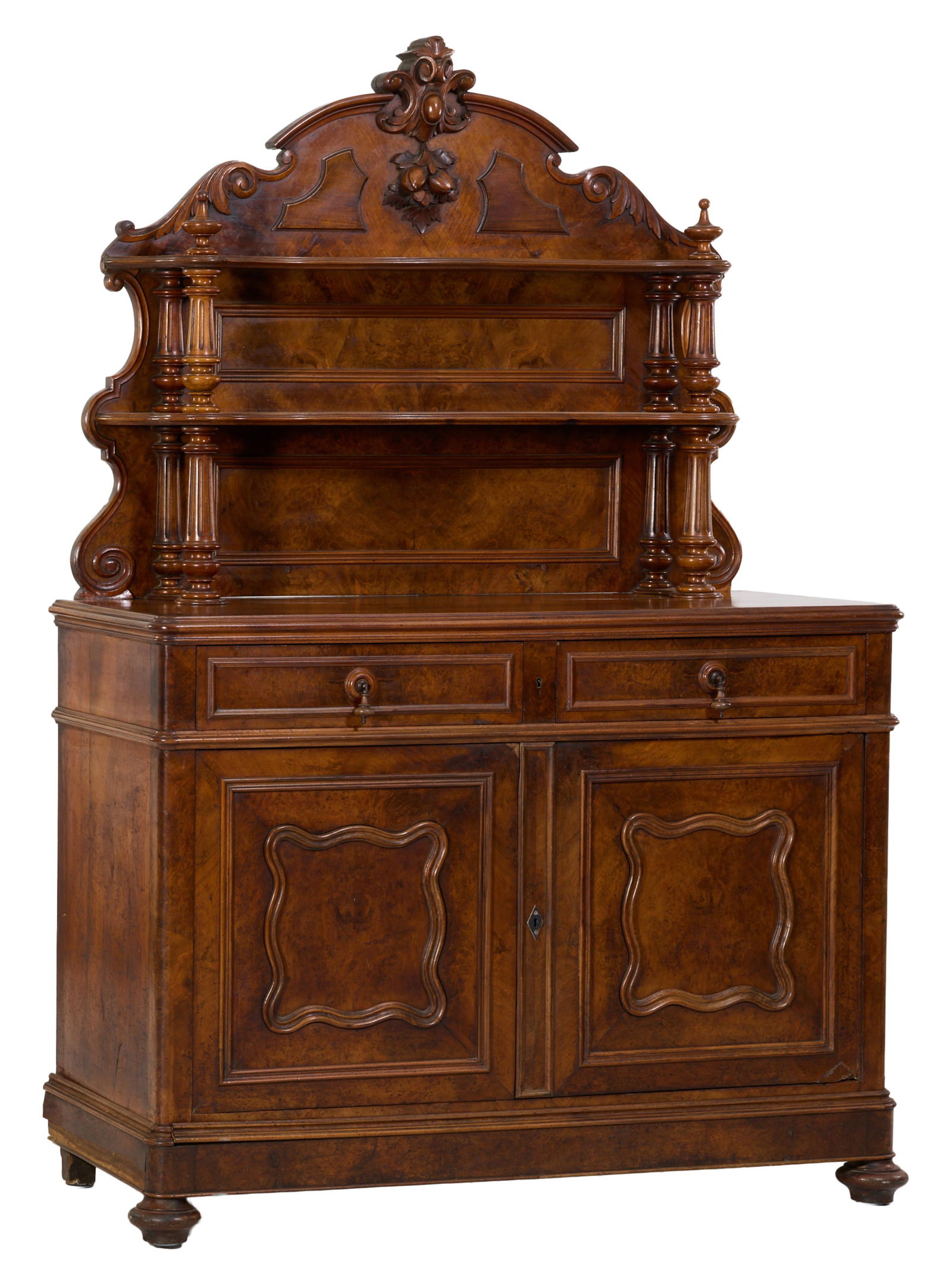 French Napoleon III Saint Hubert Burled Walnut Sideboard, late 19th c., H.- 80 in., W.- 54 1/2 in., (1 of 3)