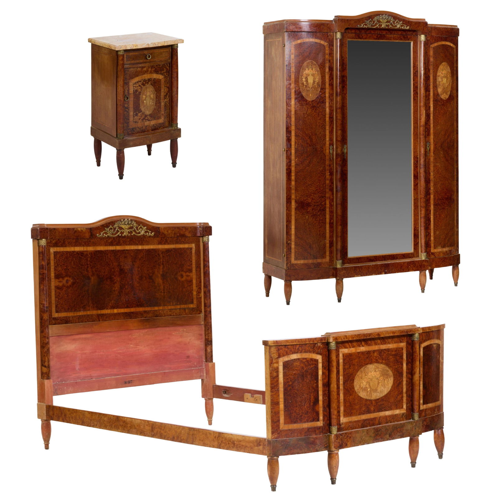 French Louis XVI Style Ormolu Mounted Inlaid Burled Walnut Bedroom Group, early to mid 20th c., (1 of 11)