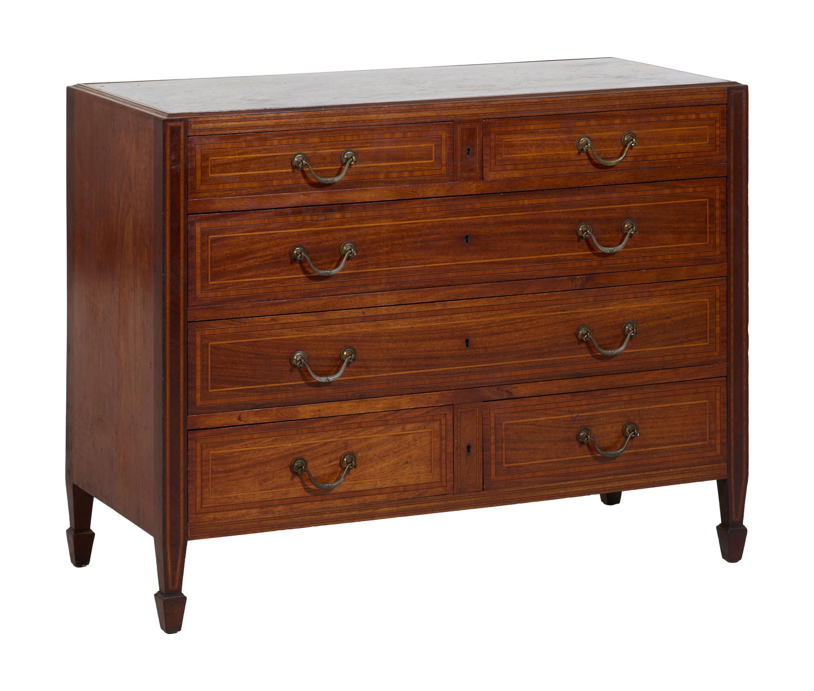 English Regency Style Inlaid Walnut Marble Top Chest of Drawers, late 19th c., H.- 33 1/2 in., W.- (1 of 2)