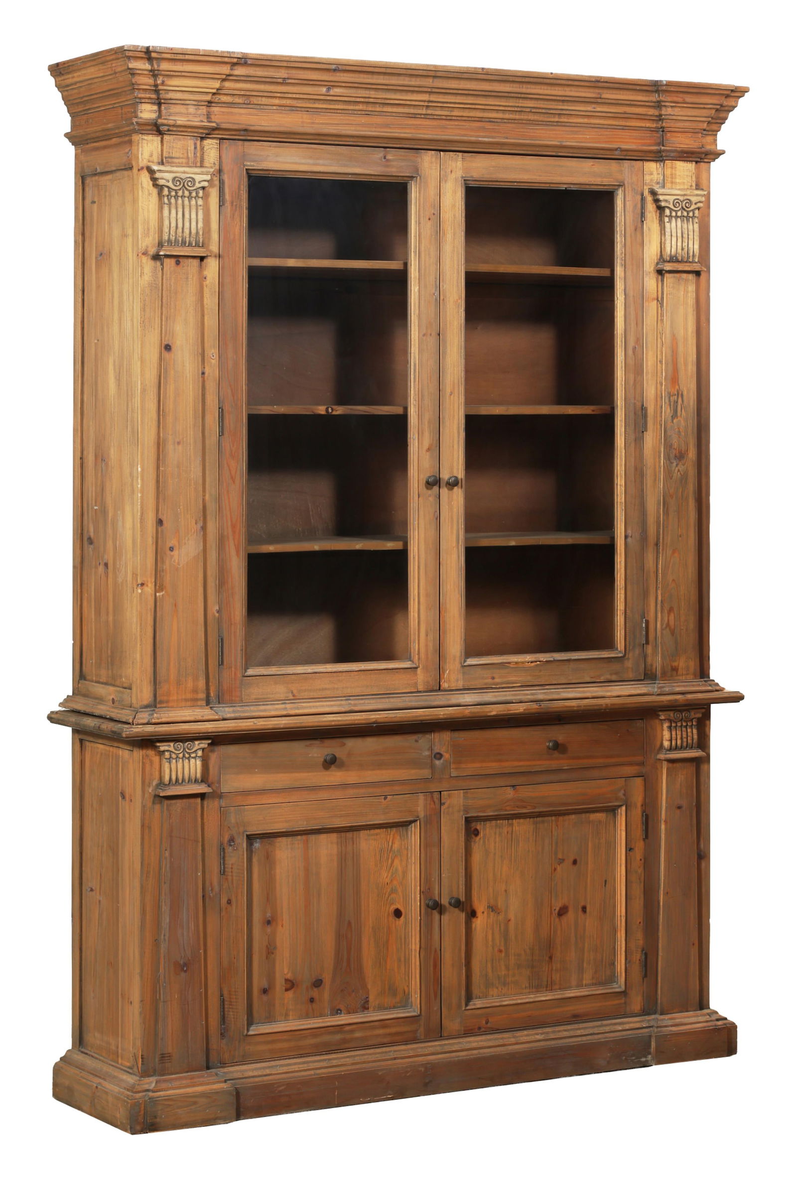 Continental Classical Inspired Pine Buffet a Deux Corps, 20th c., H.- 95 in., W.- 68 in., D.- 17 in. (1 of 1)