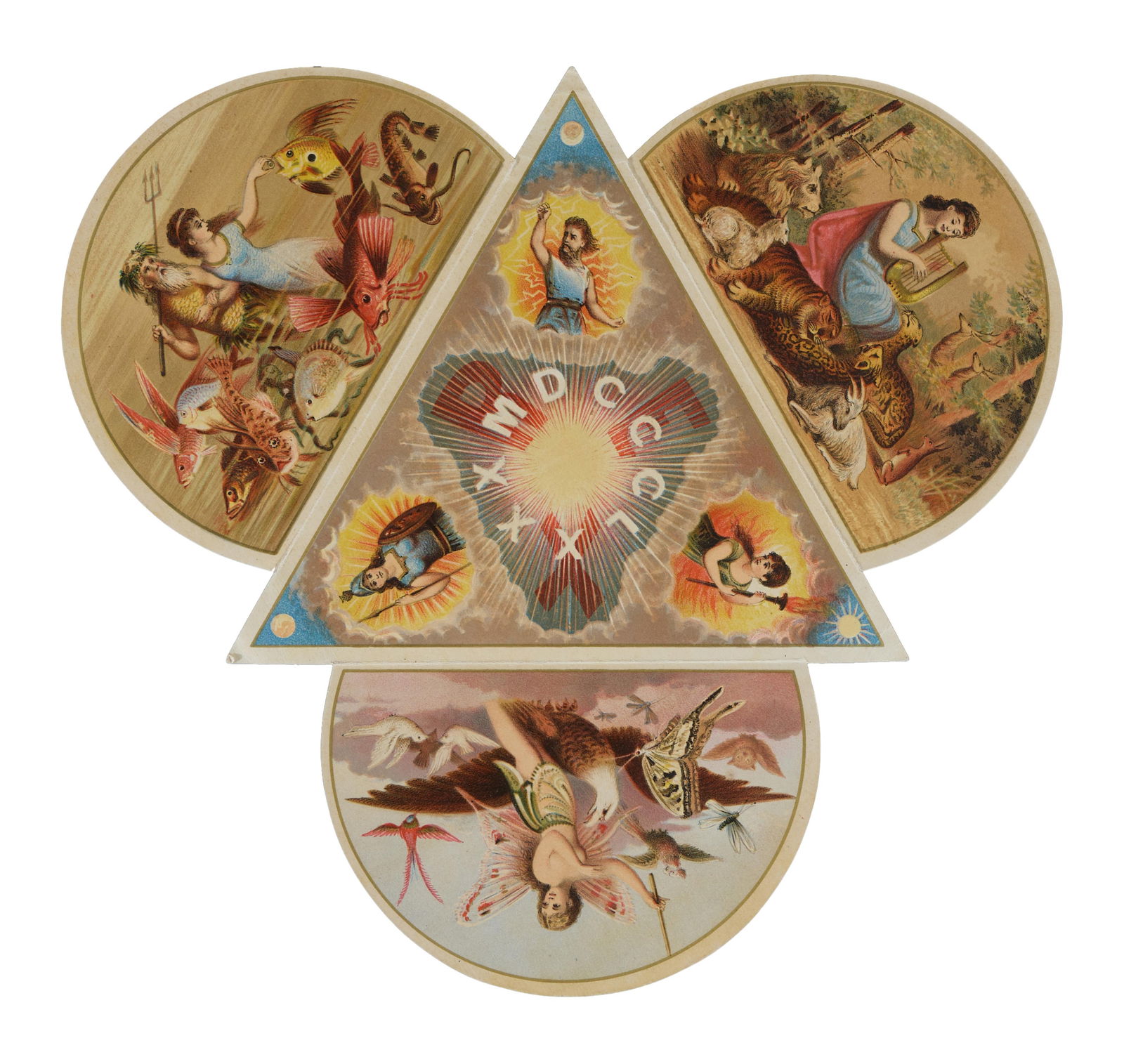 Mardi Gras Ball Invitation, Rex, 1880, Invitation- Open- H.- 10 7/8 in., W.- 11 1/8 in., Closed- H.-: Mardi Gras Ball Invitation, Rex, 1880, for the February 10, 1880, ball at Washington Artillery Hall (Exposition Palace), from the theme "The Four Elements," accompanied by original shaped enveloped an