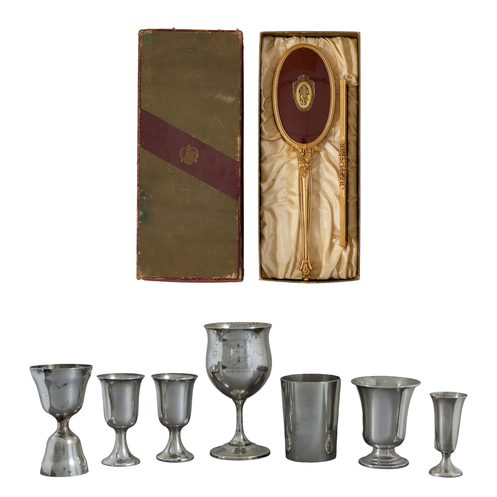 Nine Mardi Gras Krewe Favors, Mistick Krewe of Comus, Twelfth Night Revelers, Atlanteans, 20th c.,: Nine Mardi Gras Krewe Favors, Mistick Krewe of Comus, Twelfth Night Revelers, Atlanteans, 20th c., consisting of two 1948 Twelfth Night Revelers silverplate cordials; a 1969 and a 1970 Atlanteans ster